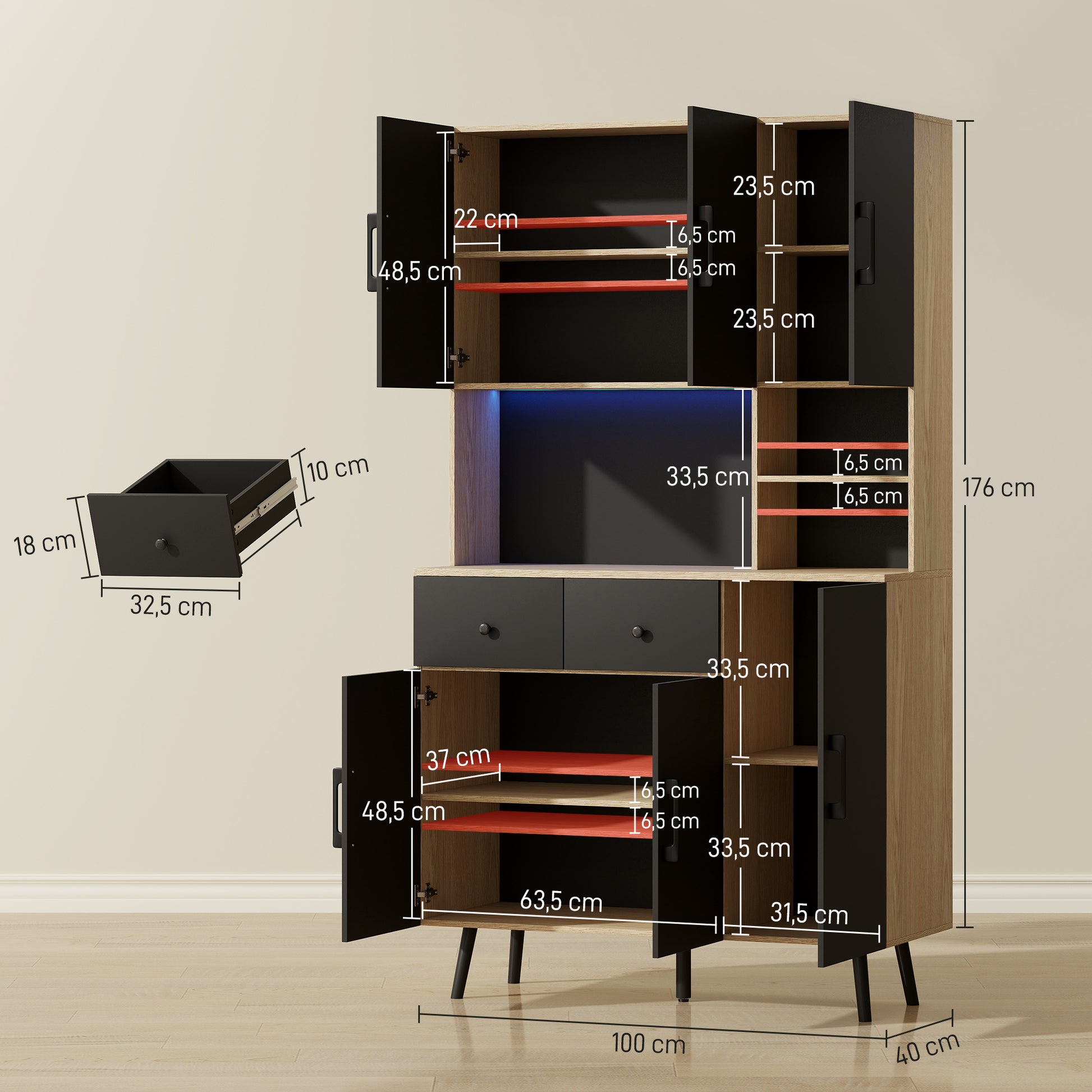 High Kitchen Pantry with RGB LED Lights Controllable by APP Kitchen Auxiliary Furniture with 6 Doors 2 Drawers Countertop Adjustable Shelves and Cable Hole Black and Oak 100x40x176 cm