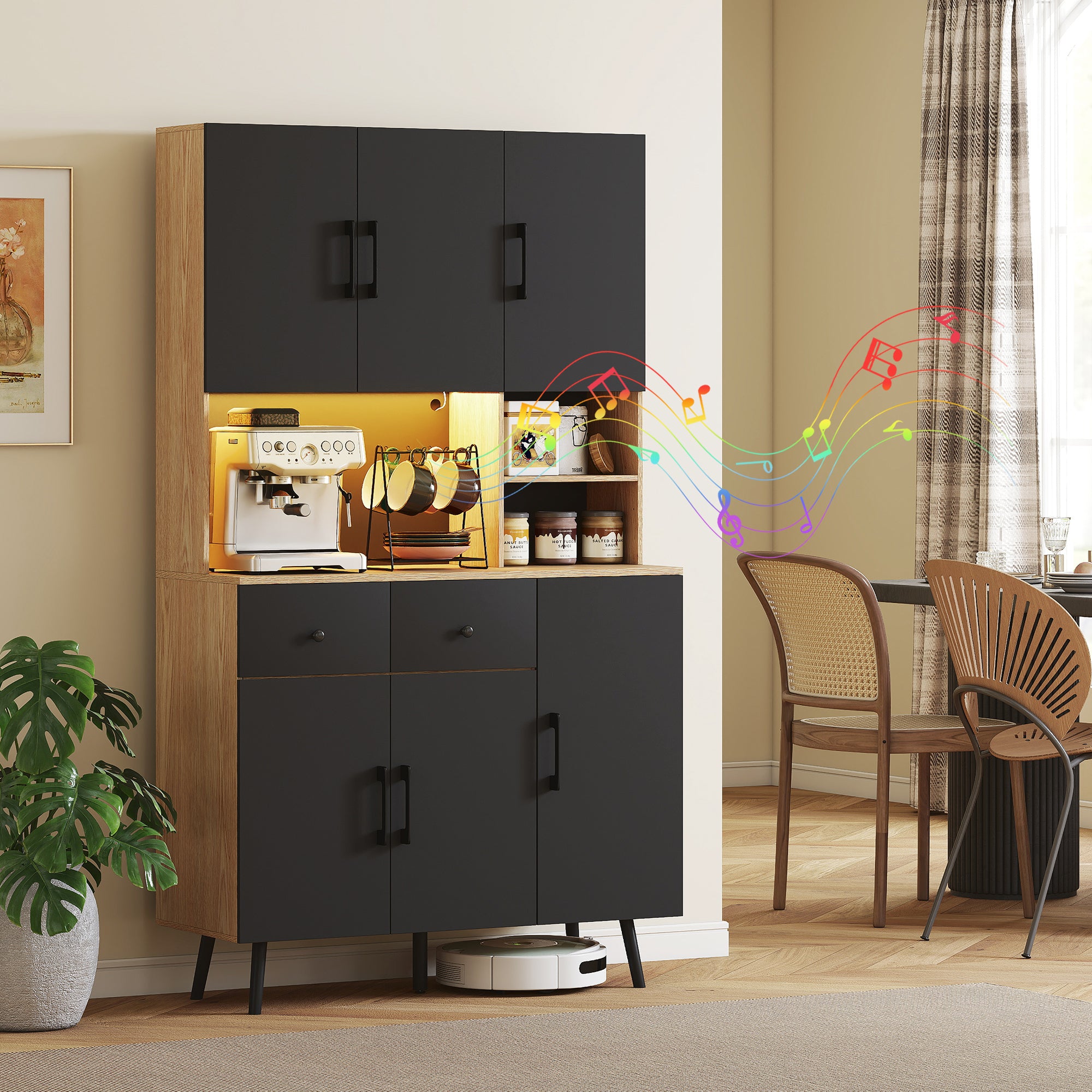 High Kitchen Pantry with RGB LED Lights Controllable by APP Kitchen Auxiliary Furniture with 6 Doors 2 Drawers Countertop Adjustable Shelves and Cable Hole Black and Oak 100x40x176 cm