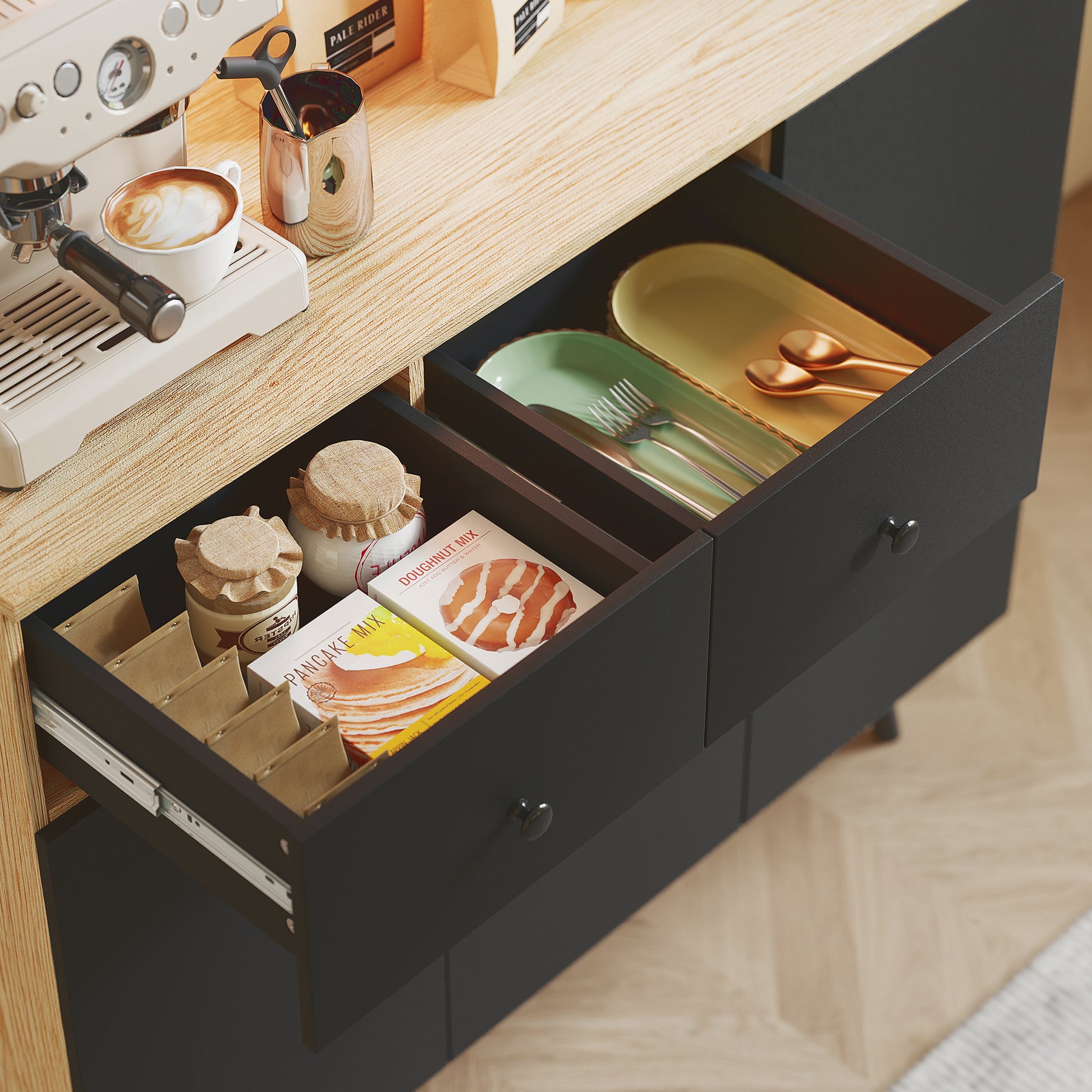 High Kitchen Pantry with RGB LED Lights Controllable by APP Kitchen Auxiliary Furniture with 6 Doors 2 Drawers Countertop Adjustable Shelves and Cable Hole Black and Oak 100x40x176 cm
