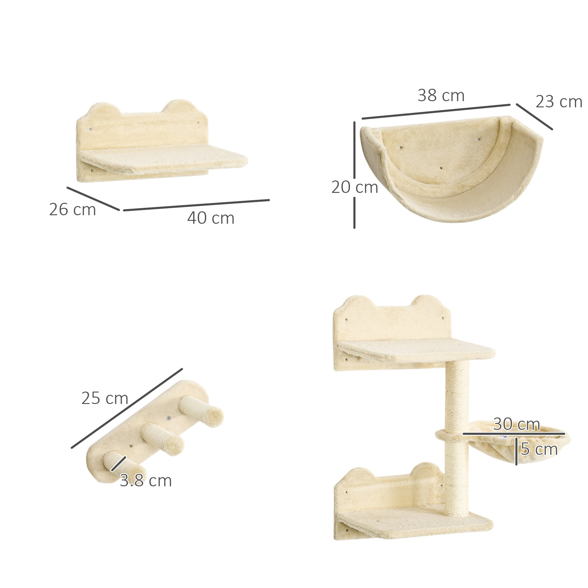 Cat Climbing Wall 4-Piece Cat Climbing Wall Set with Cat Stairs, Cat Bridge, Hammock, Scratching Post with Jump Platform, Wall-Mounted Cat Tree, Wall Cat Furniture up to 5 kg, Beige