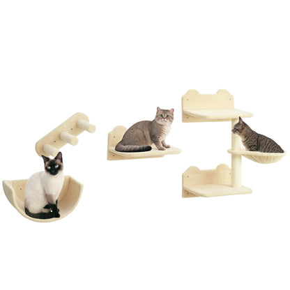 Cat Climbing Wall 4-Piece Cat Climbing Wall Set with Cat Stairs, Cat Bridge, Hammock, Scratching Post with Jump Platform, Wall-Mounted Cat Tree, Wall Cat Furniture up to 5 kg, Beige