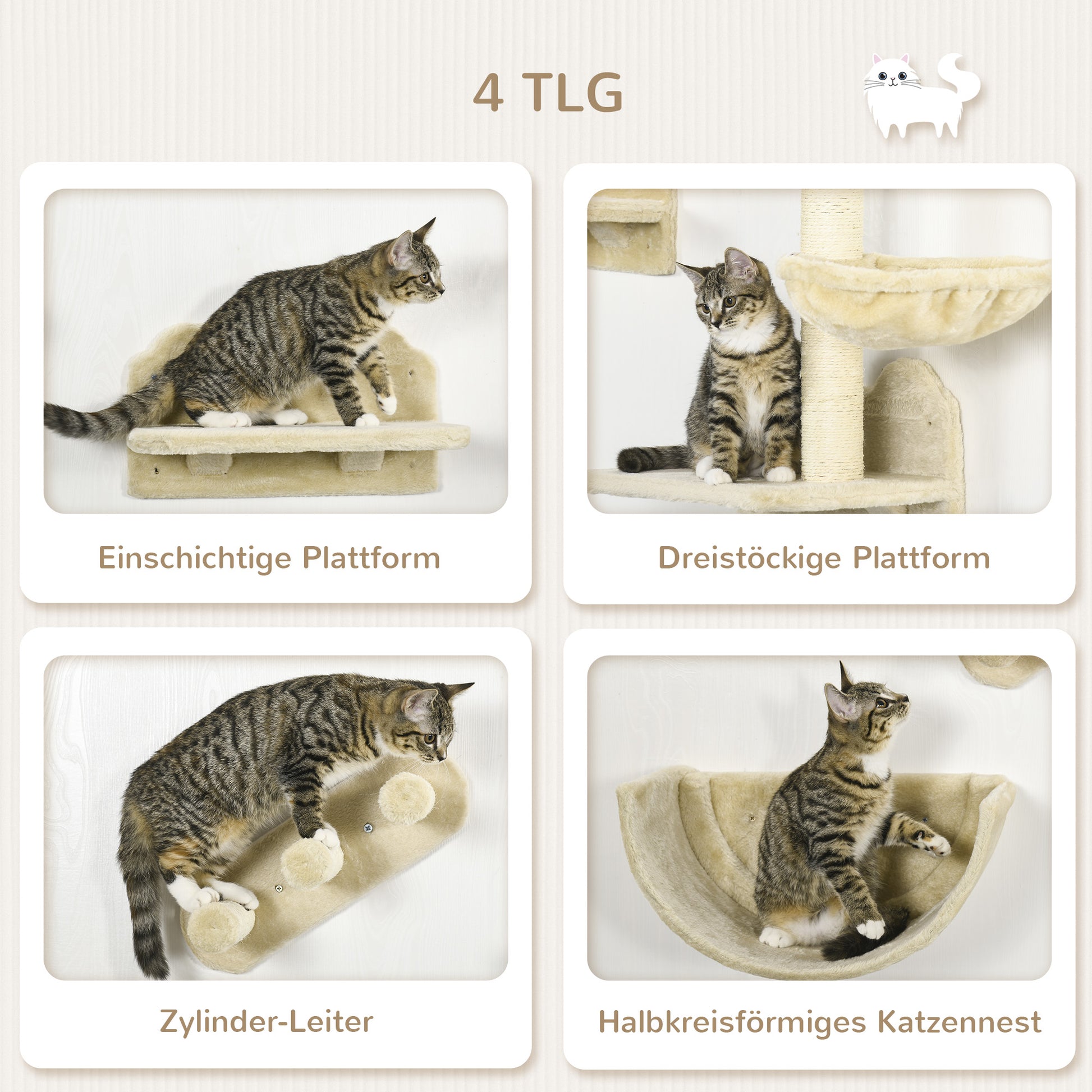 Cat Climbing Wall 4-Piece Cat Climbing Wall Set with Cat Stairs, Cat Bridge, Hammock, Scratching Post with Jump Platform, Wall-Mounted Cat Tree, Wall Cat Furniture up to 5 kg, Beige