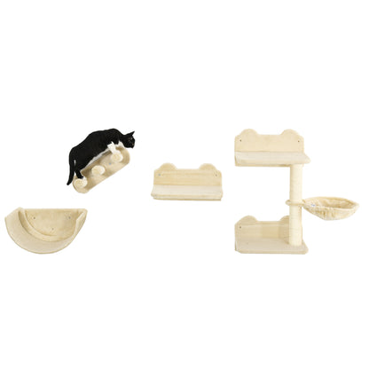 Cat Climbing Wall 4-Piece Cat Climbing Wall Set with Cat Stairs, Cat Bridge, Hammock, Scratching Post with Jump Platform, Wall-Mounted Cat Tree, Wall Cat Furniture up to 5 kg, Beige