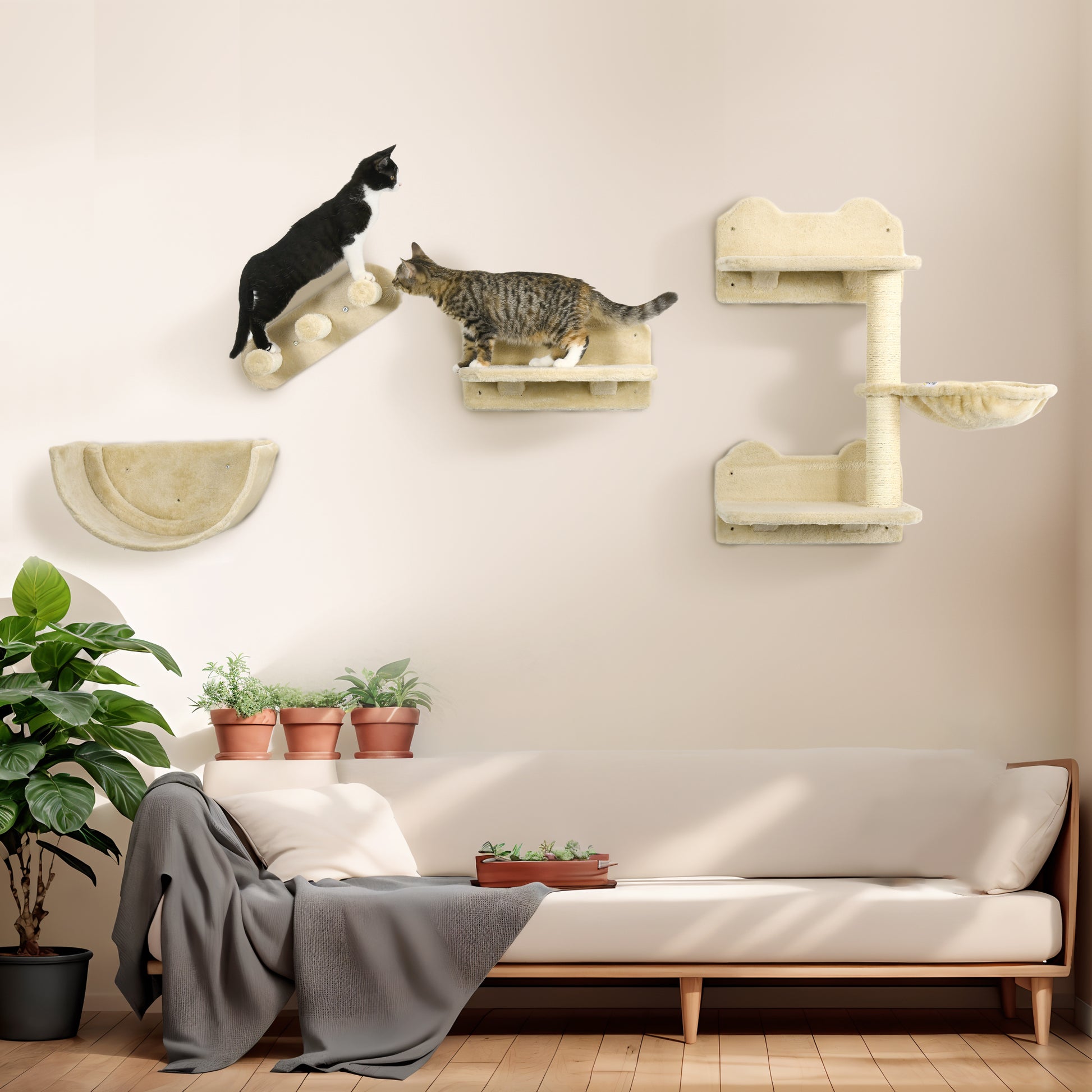 Cat Climbing Wall 4-Piece Cat Climbing Wall Set with Cat Stairs, Cat Bridge, Hammock, Scratching Post with Jump Platform, Wall-Mounted Cat Tree, Wall Cat Furniture up to 5 kg, Beige