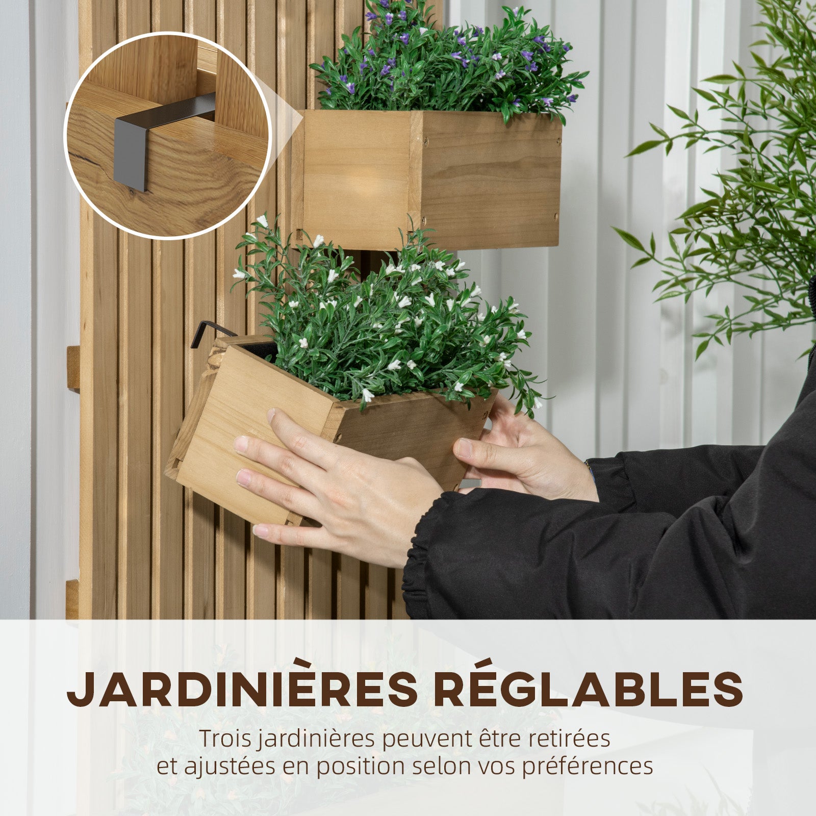 Vertical Planter with 3 Removable Solid Wood Bins, Non-Woven Fabric, 60 x 16 x 80 cm