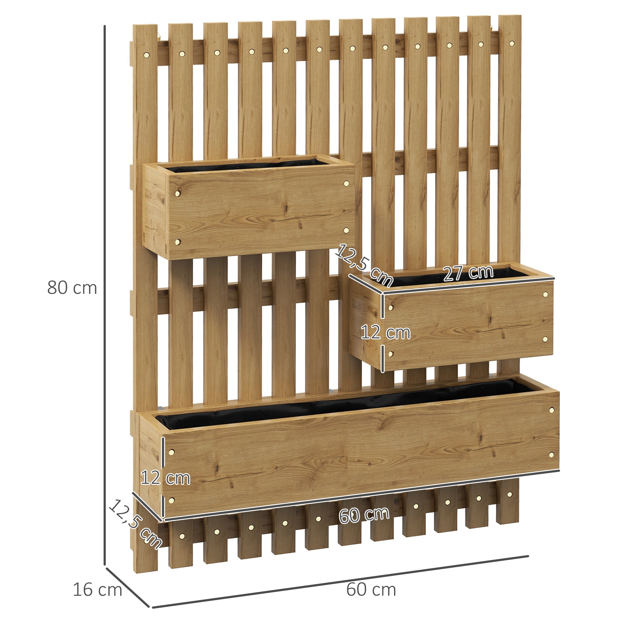 Vertical Planter with 3 Removable Solid Wood Bins, Non-Woven Fabric, 60 x 16 x 80 cm