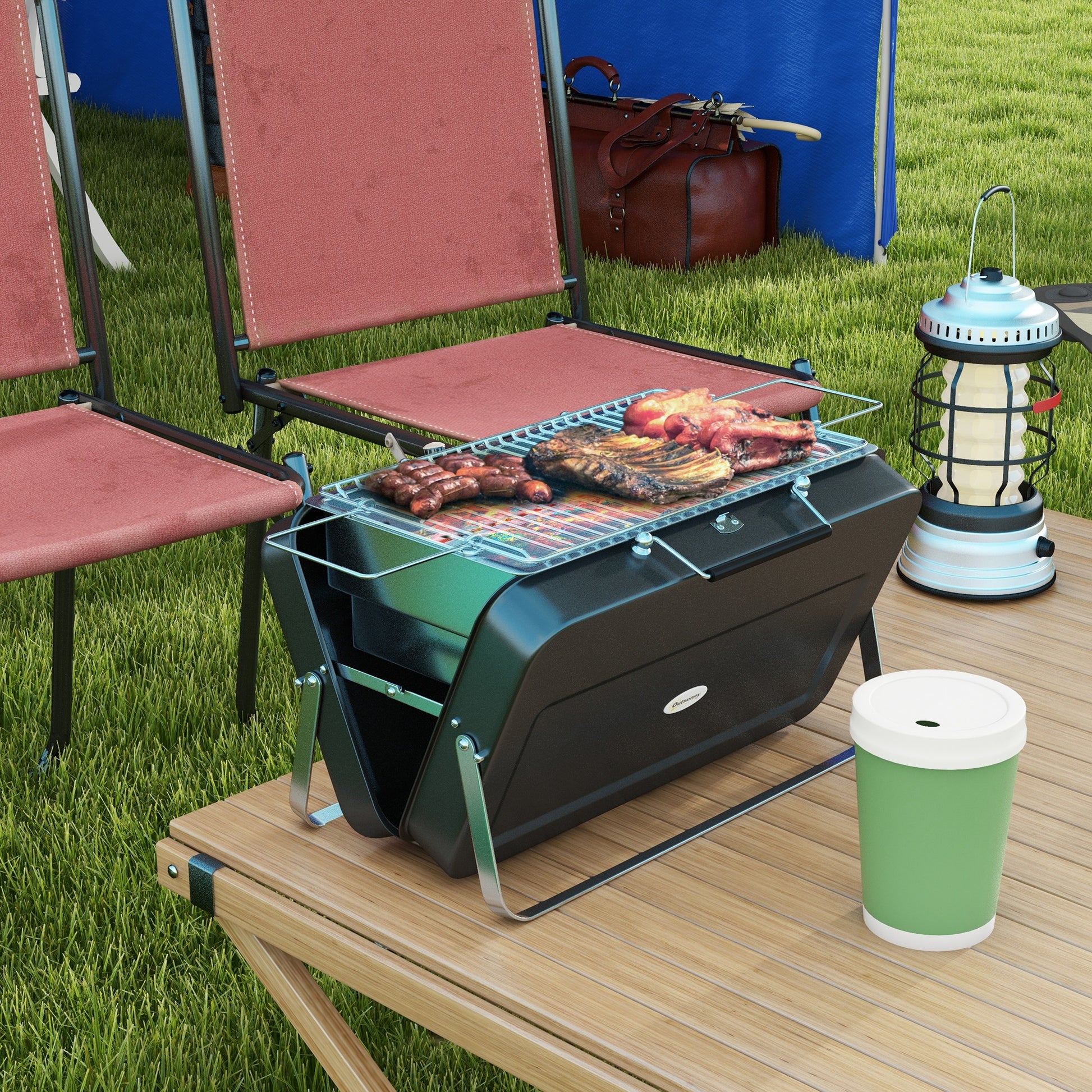 Mini Charcoal BBQ Portable Suitcase Design Tabletop Grill for Garden, Camping, Picnic, Foldable Dimensions 47L x 30W x 28H cm Black