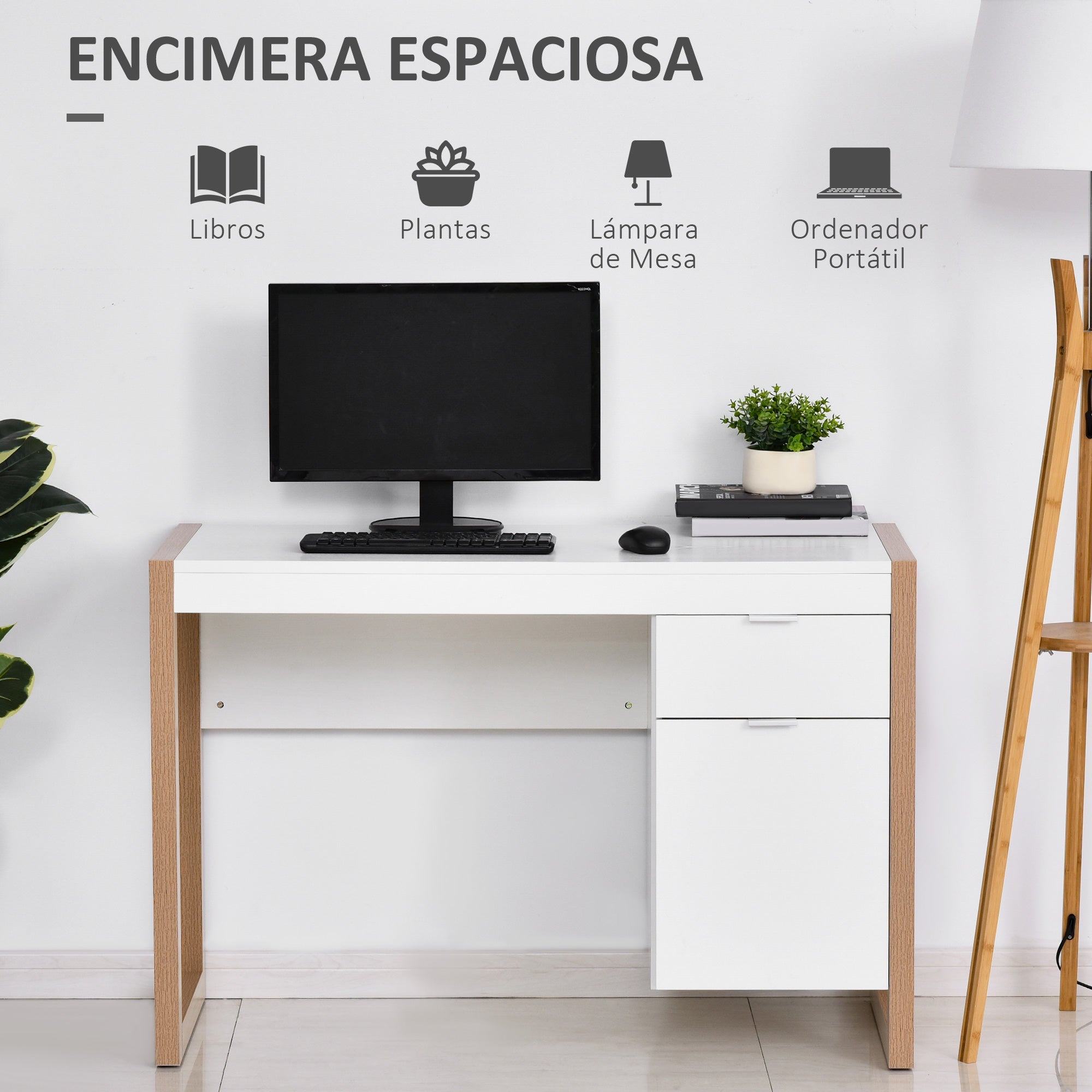 Desk Computer Desk with Drawer Cabinet Rectangular Legs Modern Style Additional Decoration 112.5x50x75.5 cm White