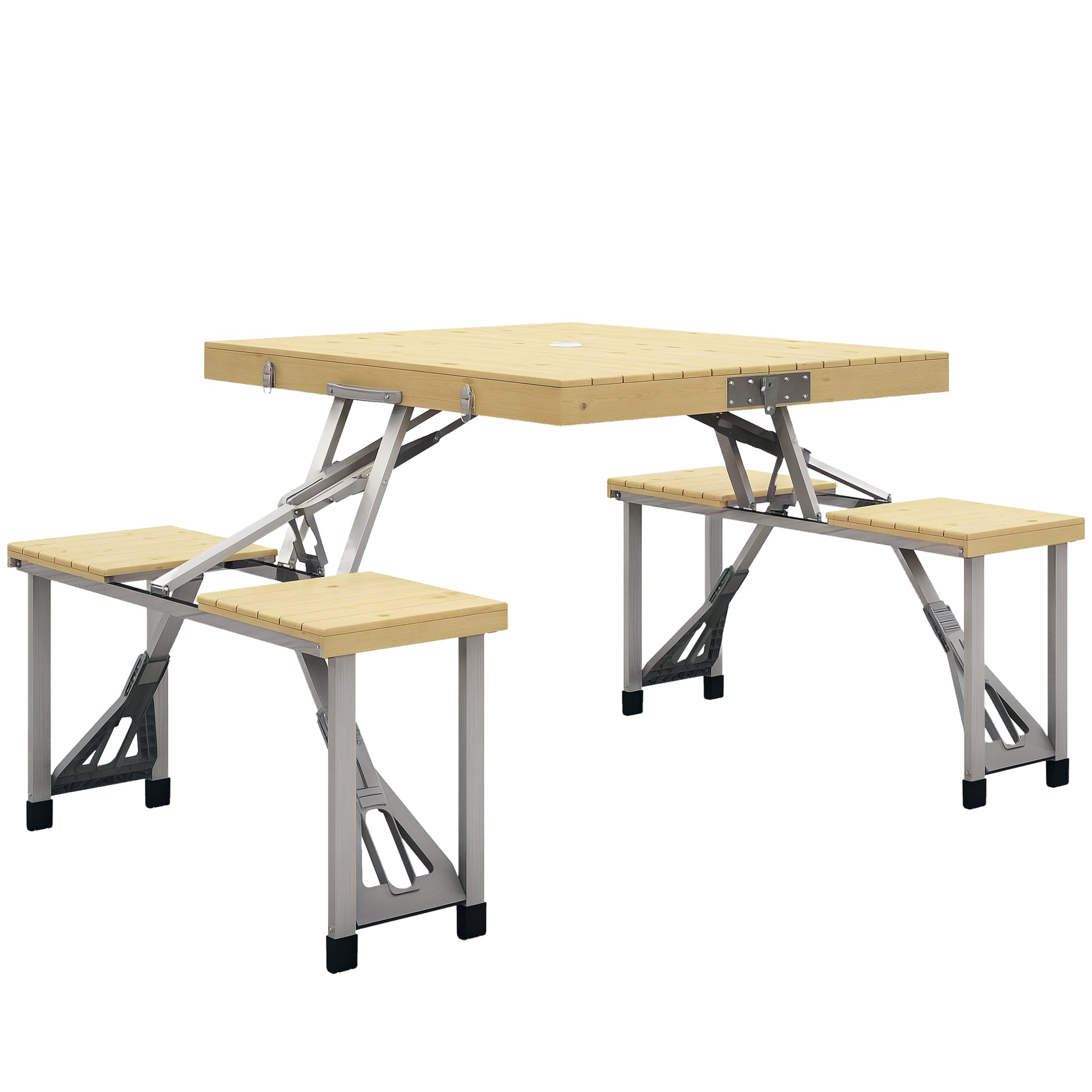 Folding Picnic Table Garden Seating Set with Bench and Umbrella Hole, Portable Camping Table and Chairs, for Patio, Yard, Fir, Natural Wood