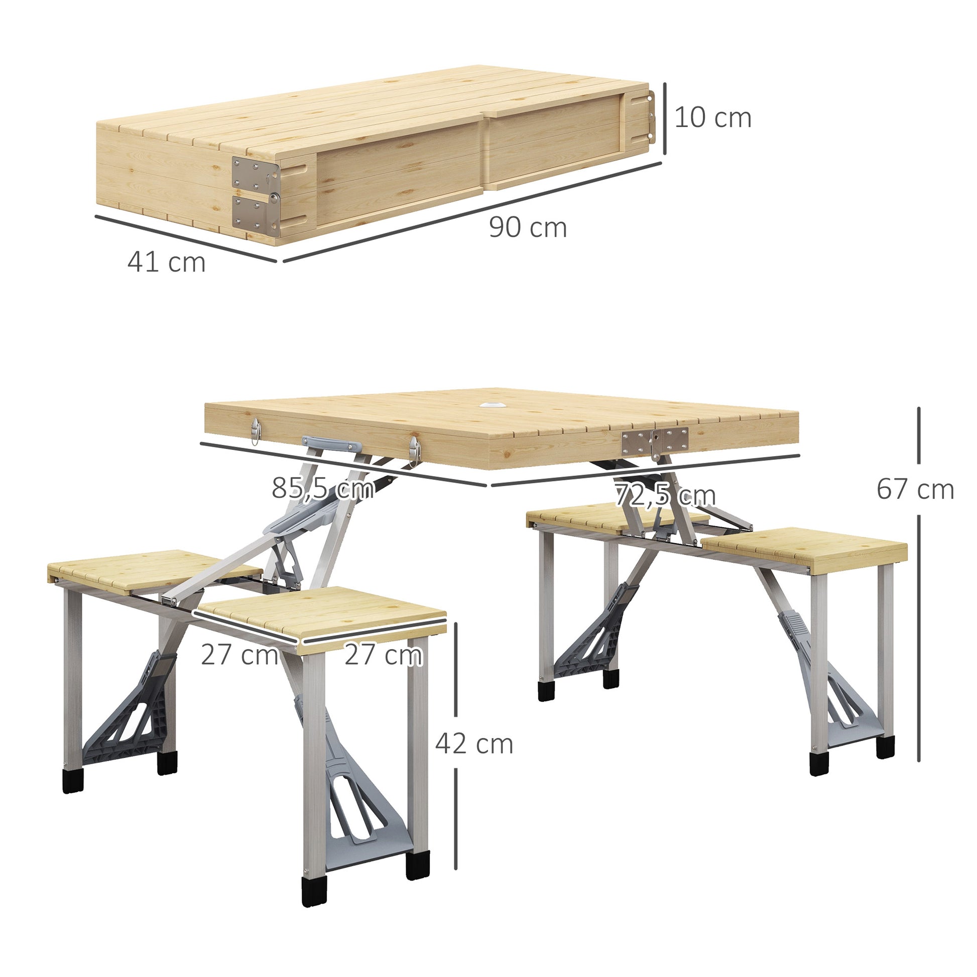 Folding Picnic Table Garden Seating Set with Bench and Umbrella Hole, Portable Camping Table and Chairs, for Patio, Yard, Fir, Natural Wood