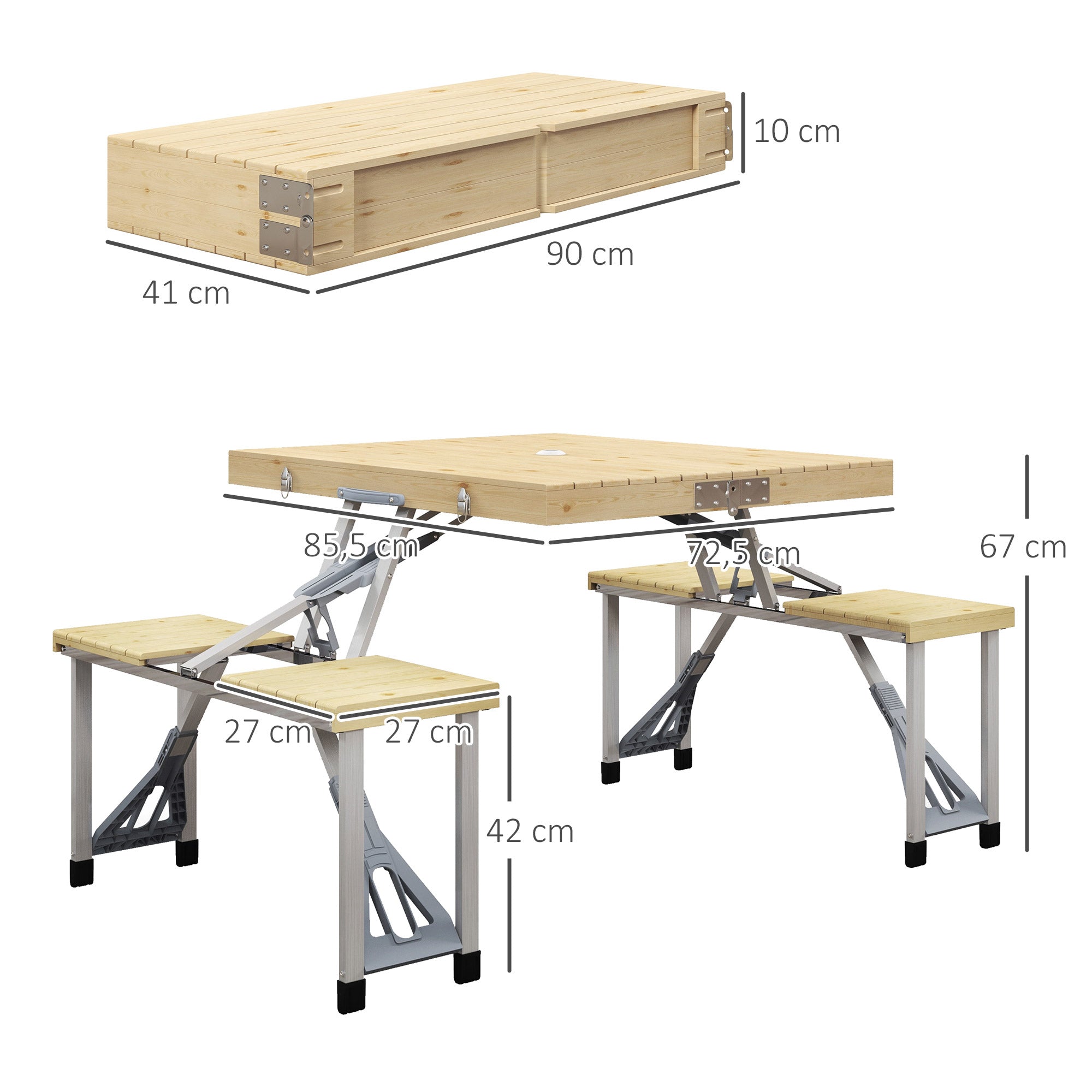 Folding Picnic Table Garden Seating Set with Bench and Umbrella Hole, Portable Camping Table and Chairs, for Patio, Yard, Fir, Natural Wood