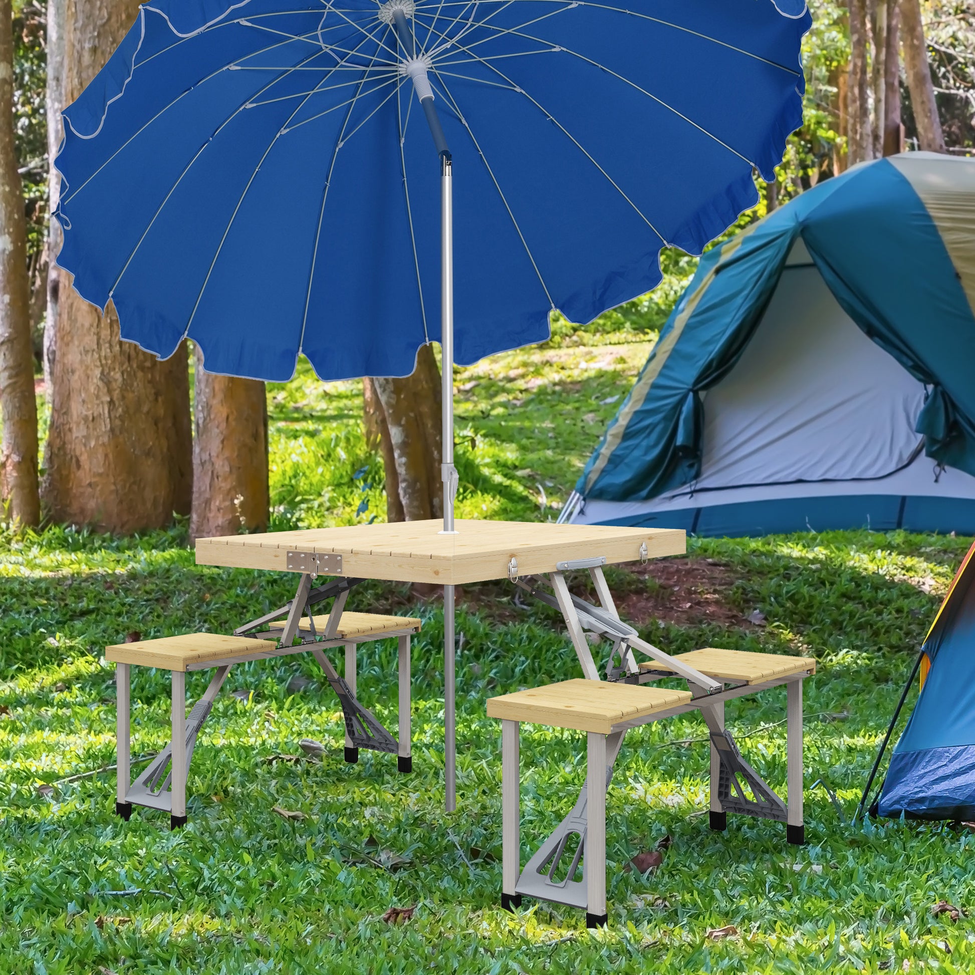 Folding Picnic Table Garden Seating Set with Bench and Umbrella Hole, Portable Camping Table and Chairs, for Patio, Yard, Fir, Natural Wood
