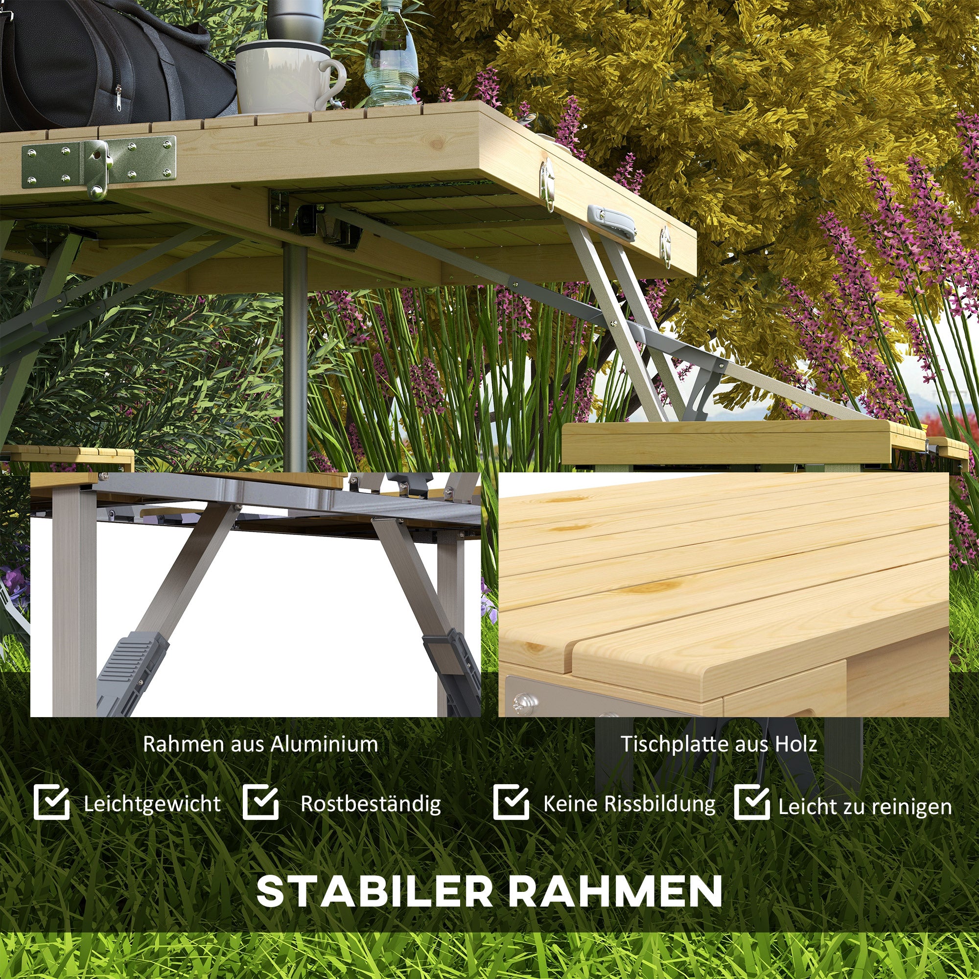 Folding Picnic Table Garden Seating Set with Bench and Umbrella Hole, Portable Camping Table and Chairs, for Patio, Yard, Fir, Natural Wood