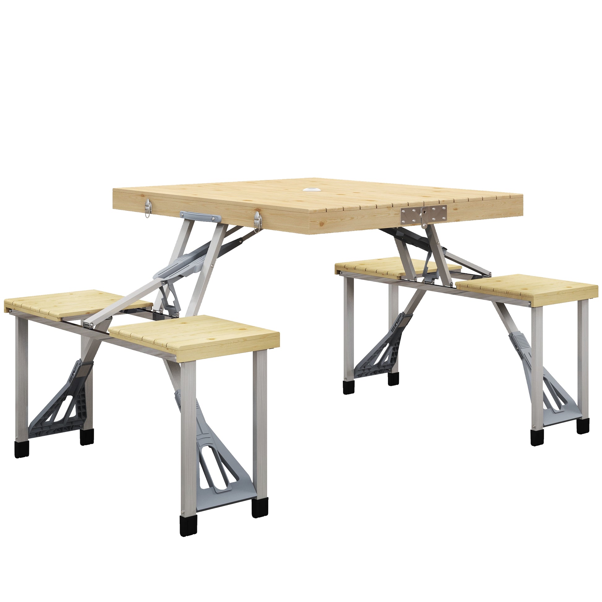 Folding Picnic Table Garden Seating Set with Bench and Umbrella Hole, Portable Camping Table and Chairs, for Patio, Yard, Fir, Natural Wood