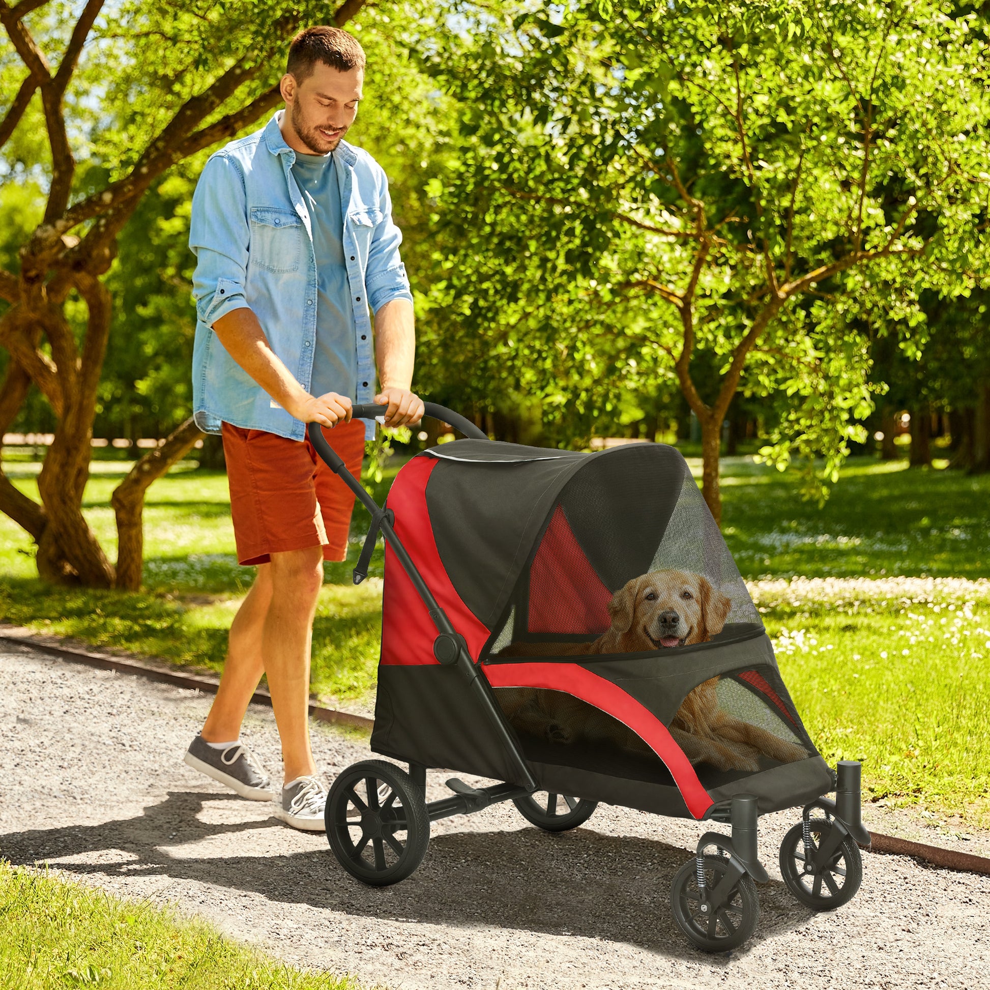 Dog Stroller Pet Stroller Foldable for Large Dogs & Cats up to 30 kg Cat Stroller with Cushion Mesh Windows Doors Storage Bag Cat Carriage with Safety Leashes, Brakes, Stroller Black
