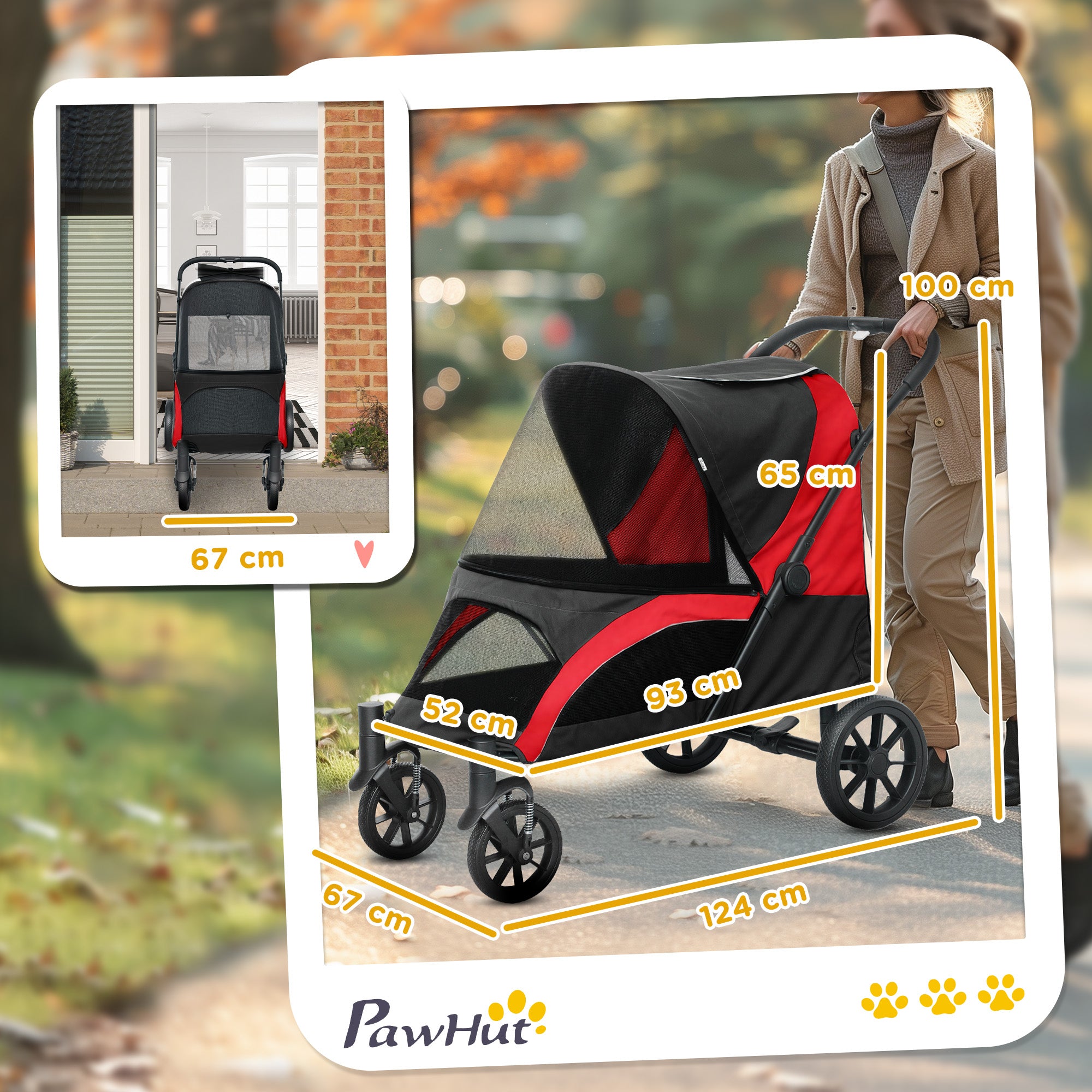 Dog Stroller Pet Stroller Foldable for Large Dogs & Cats up to 30 kg Cat Stroller with Cushion Mesh Windows Doors Storage Bag Cat Carriage with Safety Leashes, Brakes, Stroller Black