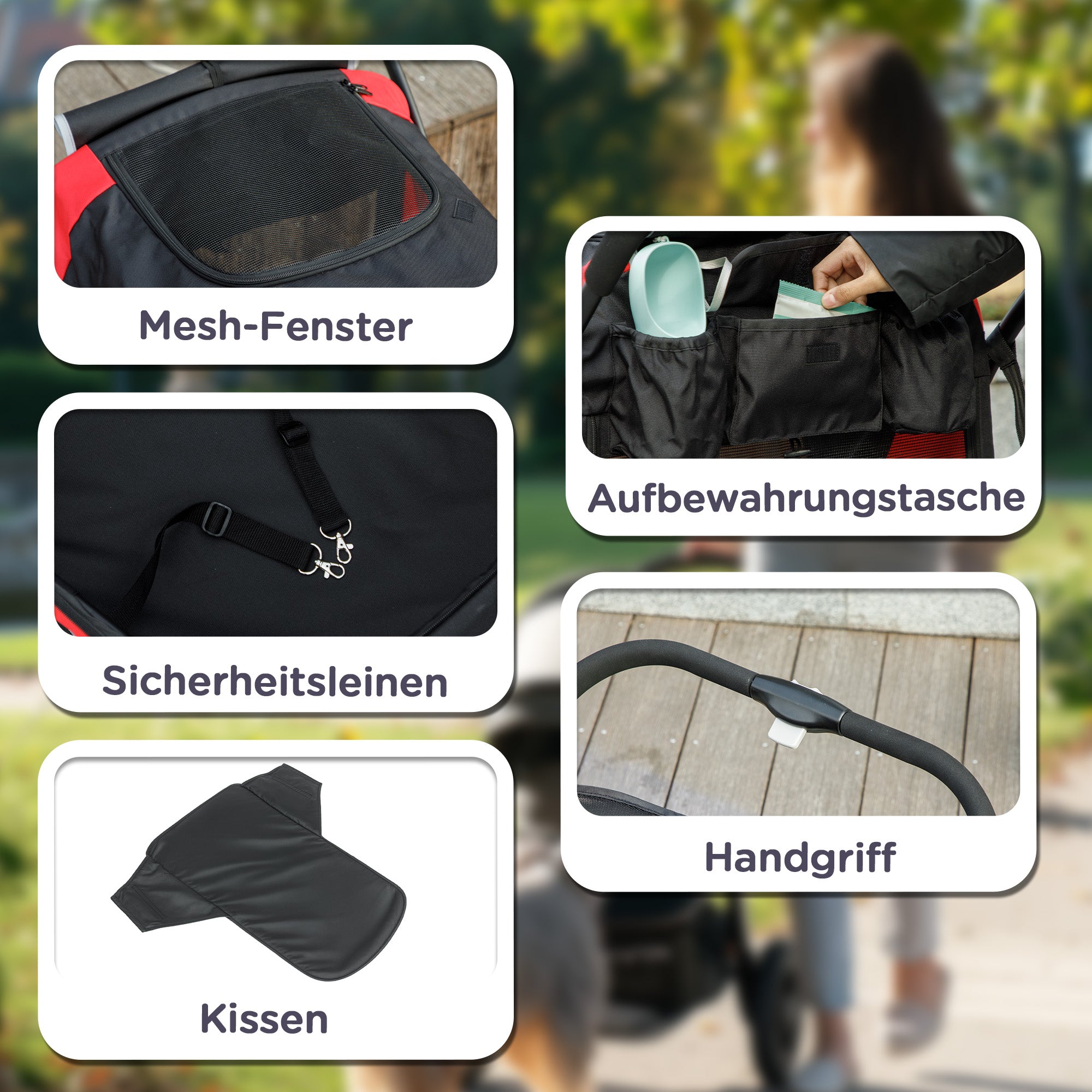 Dog Stroller Pet Stroller Foldable for Large Dogs & Cats up to 30 kg Cat Stroller with Cushion Mesh Windows Doors Storage Bag Cat Carriage with Safety Leashes, Brakes, Stroller Black