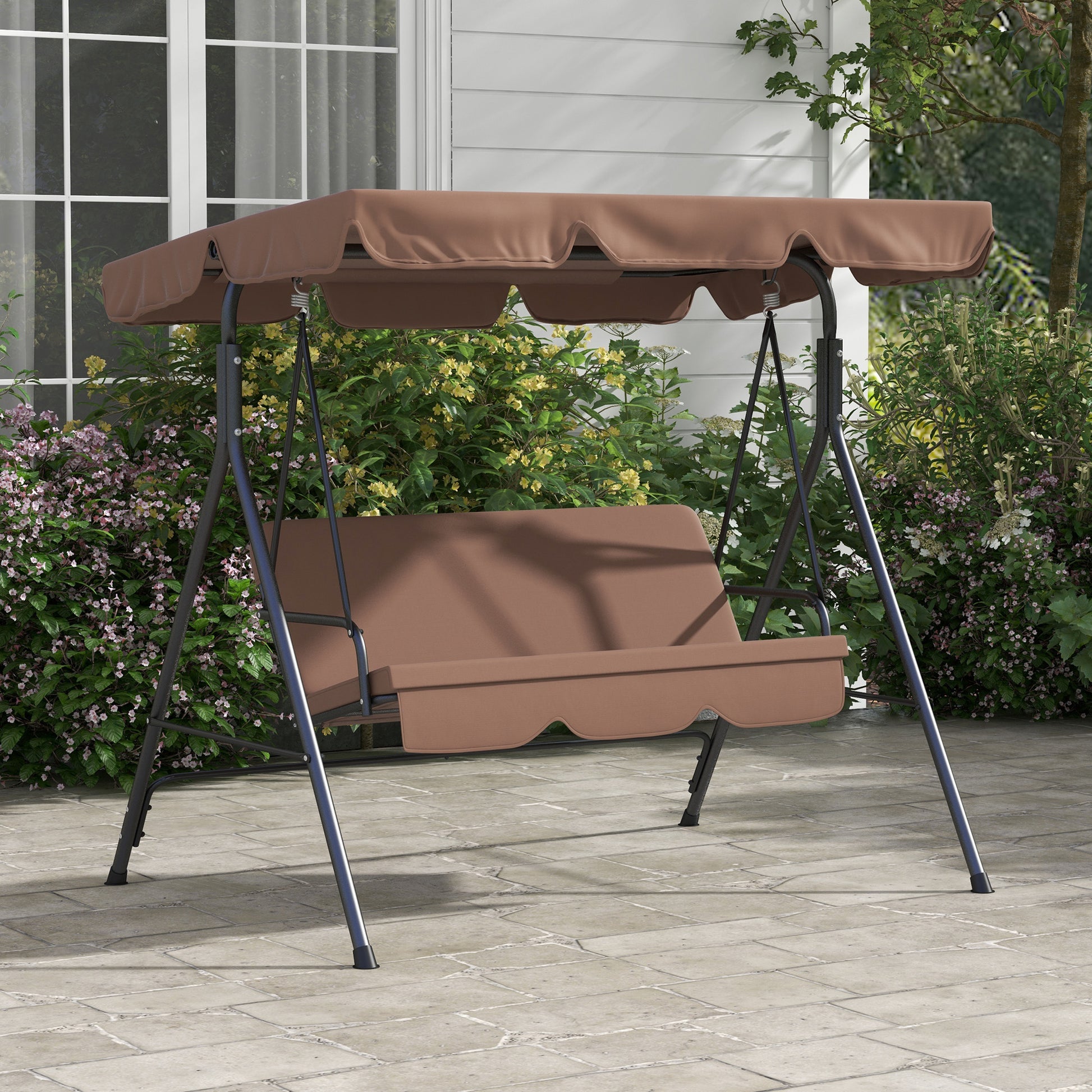 Hollywood Swing Seat with Adjustable Sun Canopy, 3-Seater Garden Swing Seat with Anti-Slip Feet, Water-Resistant Swing Bench Loadable up to 200 kg, for Garden, 172x110x153cm, Brown