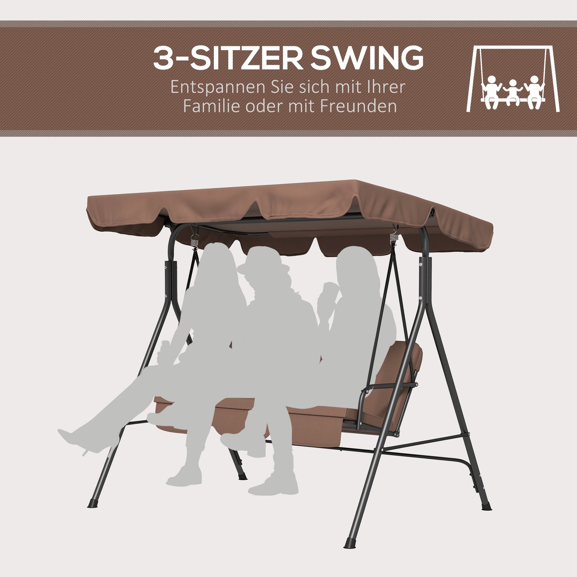 Hollywood Swing Seat with Adjustable Sun Canopy, 3-Seater Garden Swing Seat with Anti-Slip Feet, Water-Resistant Swing Bench Loadable up to 200 kg, for Garden, 172x110x153cm, Brown