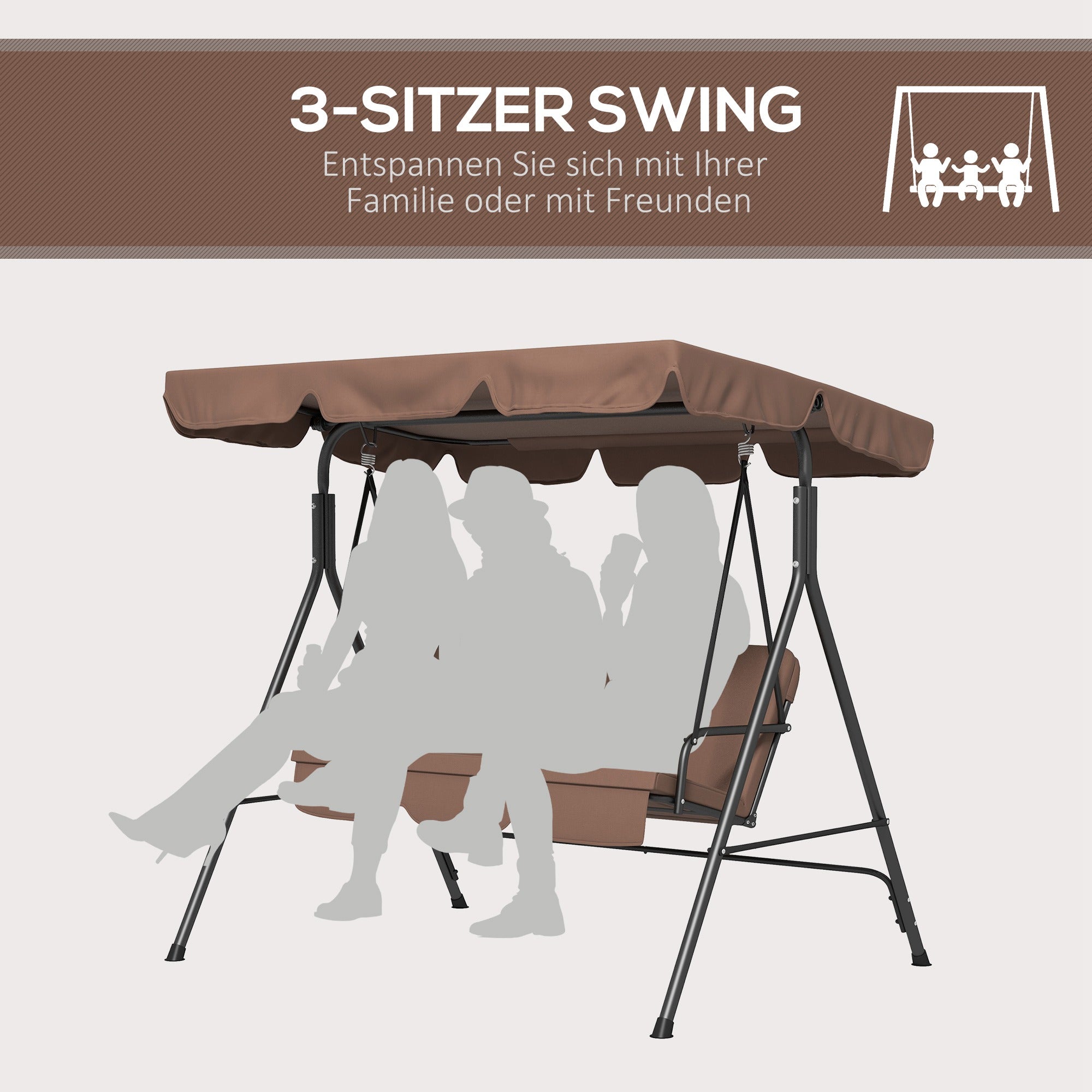 Hollywood Swing Seat with Adjustable Sun Canopy, 3-Seater Garden Swing Seat with Anti-Slip Feet, Water-Resistant Swing Bench Loadable up to 200 kg, for Garden, 172x110x153cm, Brown