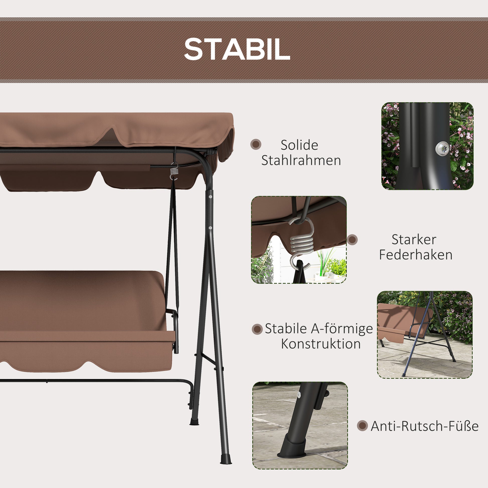 Hollywood Swing Seat with Adjustable Sun Canopy, 3-Seater Garden Swing Seat with Anti-Slip Feet, Water-Resistant Swing Bench Loadable up to 200 kg, for Garden, 172x110x153cm, Brown