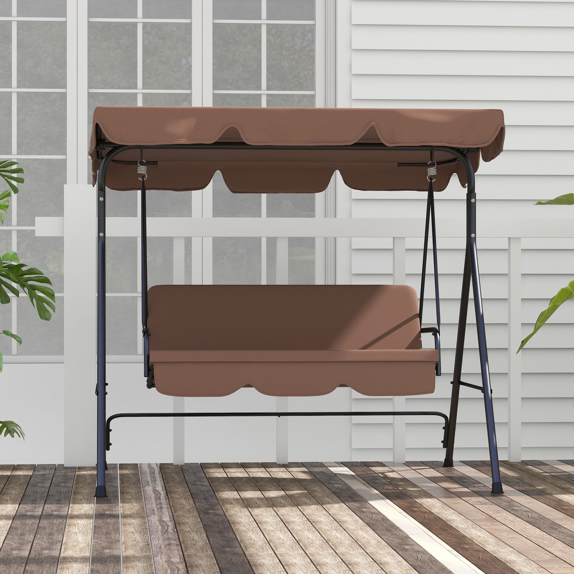 Hollywood Swing Seat with Adjustable Sun Canopy, 3-Seater Garden Swing Seat with Anti-Slip Feet, Water-Resistant Swing Bench Loadable up to 200 kg, for Garden, 172x110x153cm, Brown