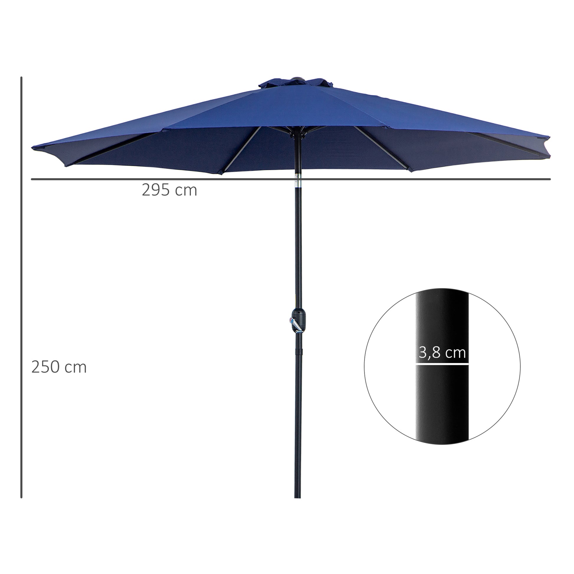 Garden Umbrella Ø295x250 cm with Crank Outdoor Parasol with Tilt Mechanism and Detachable Metal Pole for Terrace Pool Patio Blue