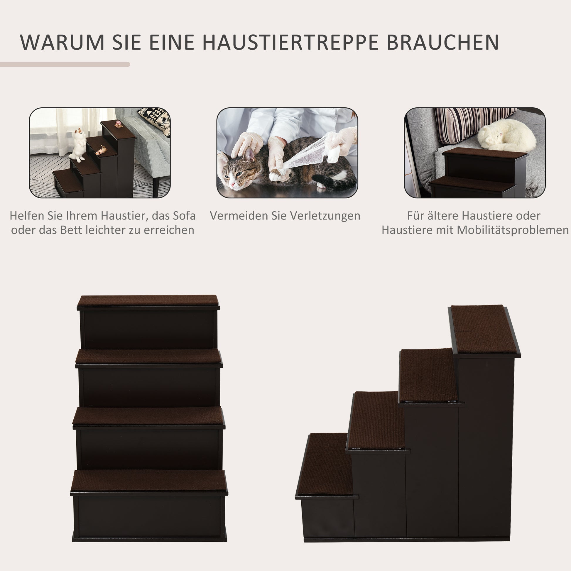 Pet Stairs 4-Step Dog Stairs Cat Stairs Ramp with Non-Slip Mat Pet Ladder for Car Bed Sofa Dark Brown 40 x 59 x 54.2 cm