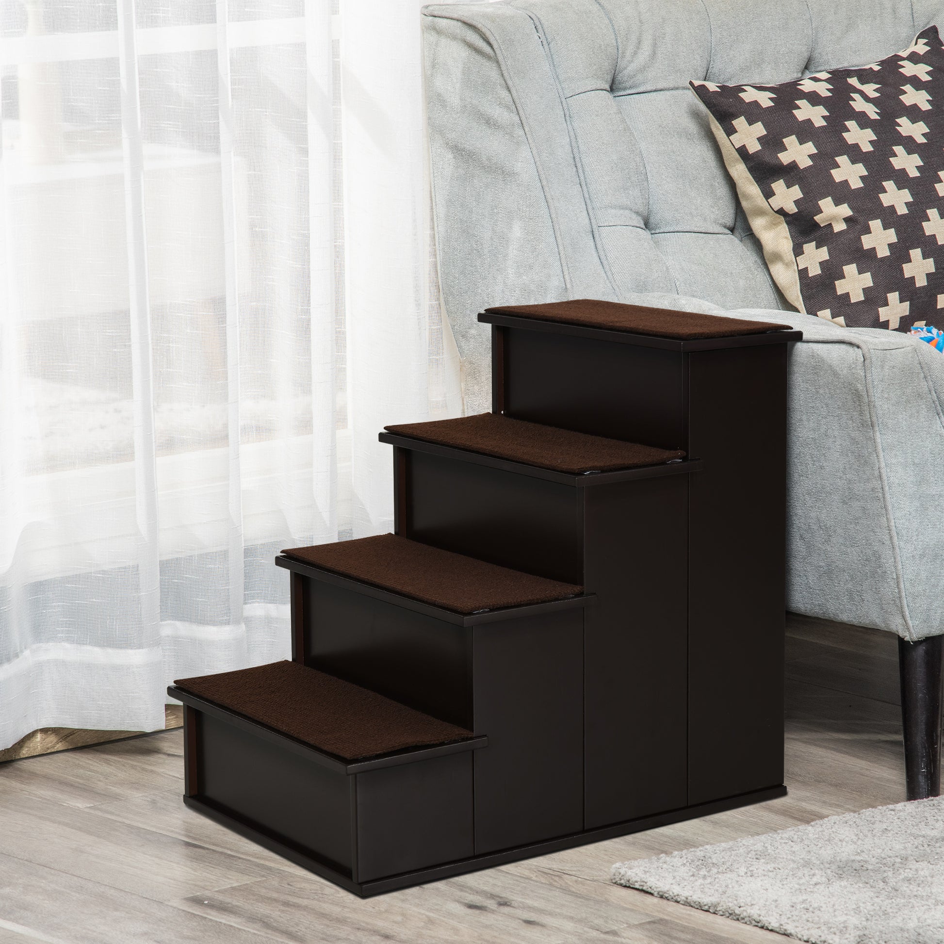 Pet Stairs 4-Step Dog Stairs Cat Stairs Ramp with Non-Slip Mat Pet Ladder for Car Bed Sofa Dark Brown 40 x 59 x 54.2 cm