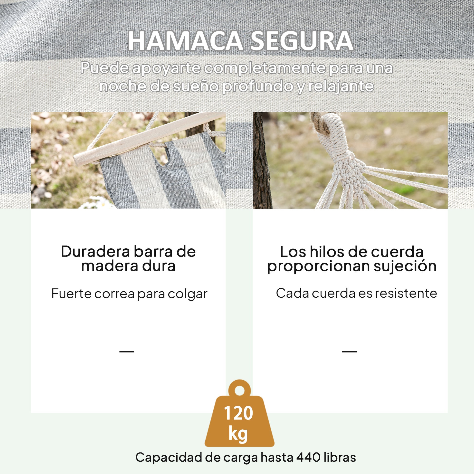 Garden Hammock 200x100 cm Hanging Hammock with Wooden Bars Load 120 kg for Patio Terrace Balcony Camping Gray and Cream