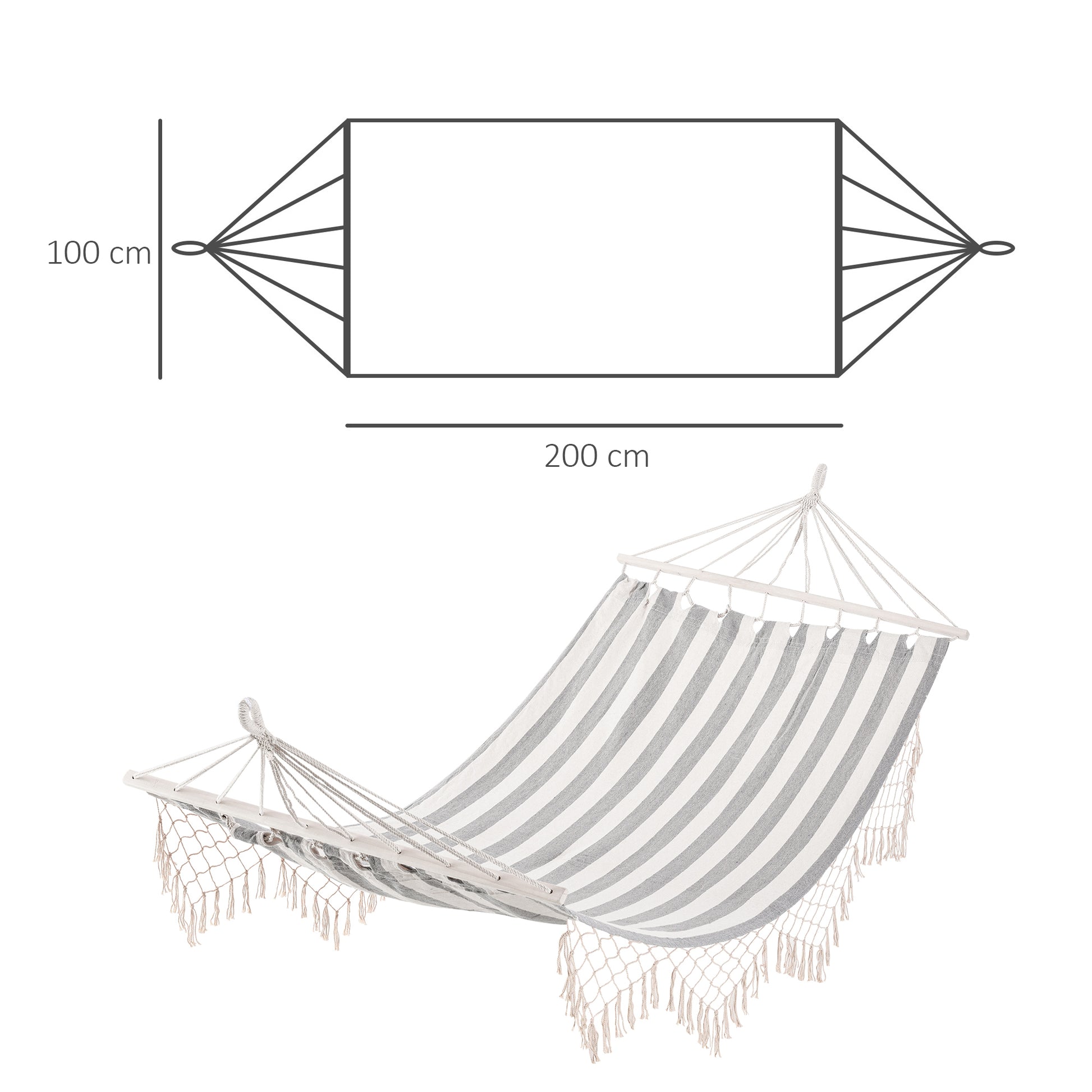 Garden Hammock 200x100 cm Hanging Hammock with Wooden Bars Load 120 kg for Patio Terrace Balcony Camping Gray and Cream