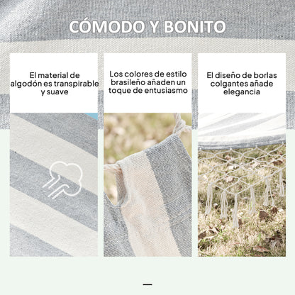 Garden Hammock 200x100 cm Hanging Hammock with Wooden Bars Load 120 kg for Patio Terrace Balcony Camping Gray and Cream