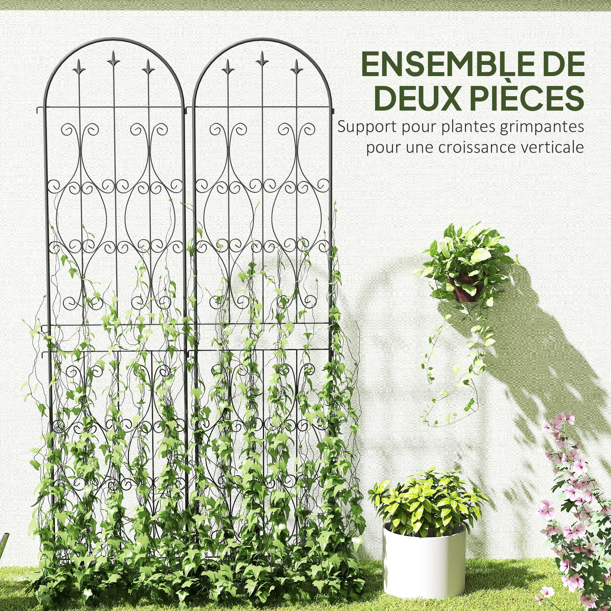 Set of 2 Plant Climbing Supports, Trellises for Garden with Swirl Patterns, for Vegetables, Vines, Flowers, Made of Metal, 50 x 220 cm, Black