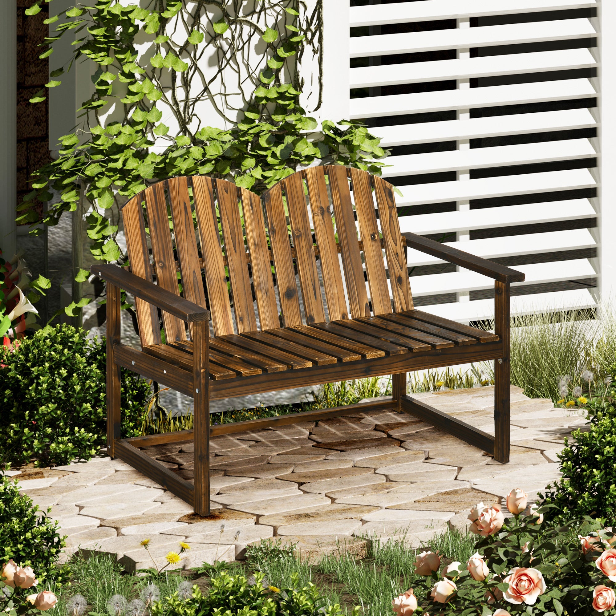 Garden Bench, 2-Seater Bench, Wooden Bench with Backrest, Armrest, Park Bench, Load Capacity up to 240 kg, for Garden, Balcony, Charcoal, 114 x 63 x 86 cm