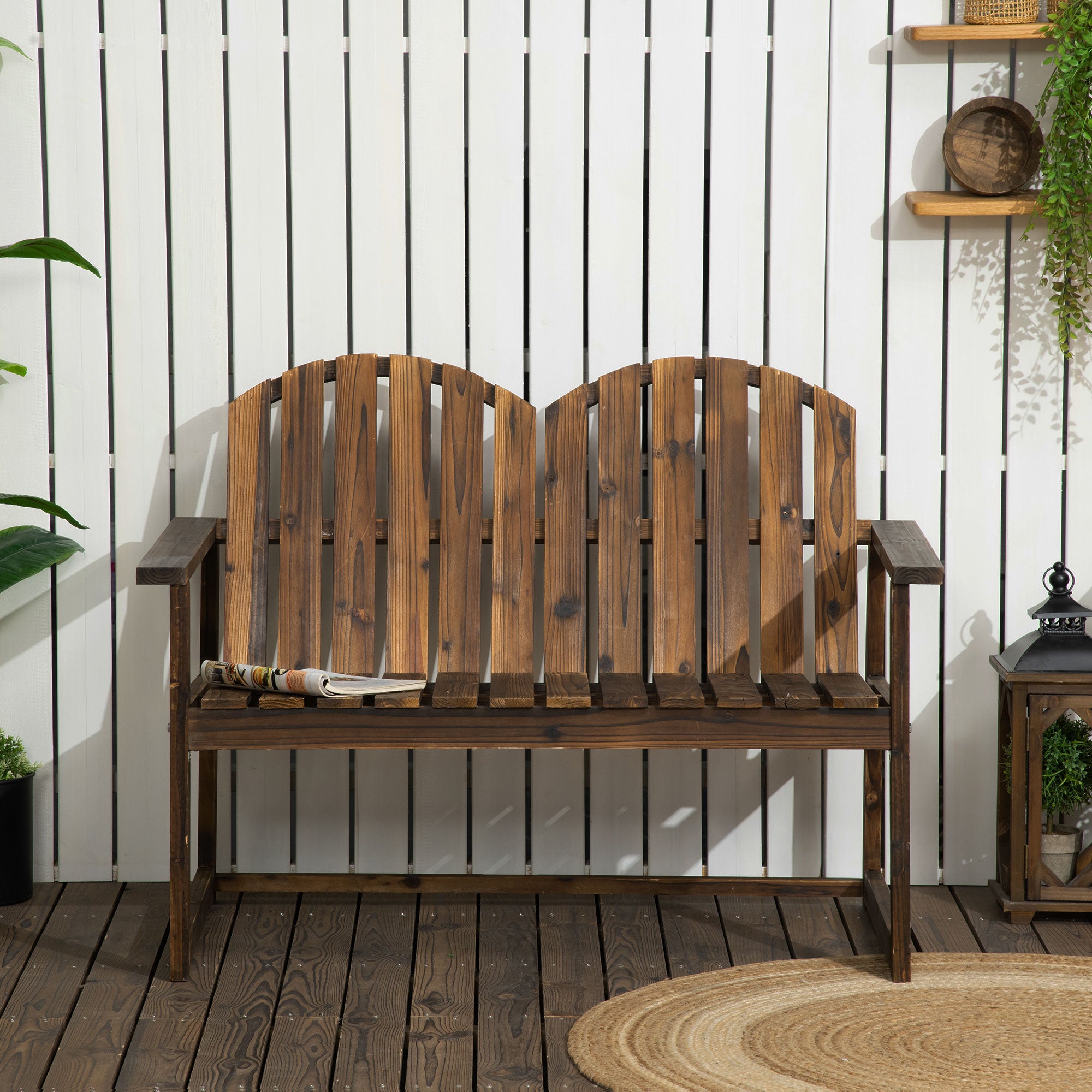 Garden Bench, 2-Seater Bench, Wooden Bench with Backrest, Armrest, Park Bench, Load Capacity up to 240 kg, for Garden, Balcony, Charcoal, 114 x 63 x 86 cm