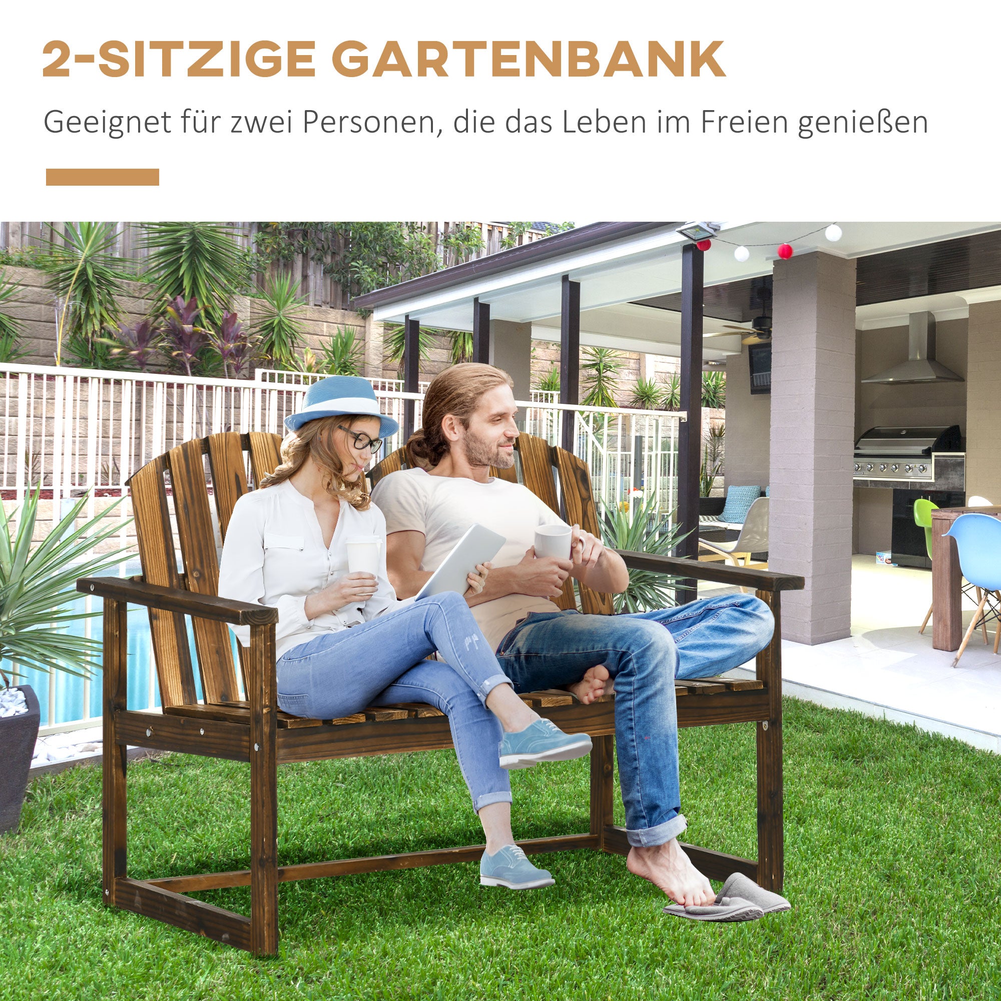 Garden Bench, 2-Seater Bench, Wooden Bench with Backrest, Armrest, Park Bench, Load Capacity up to 240 kg, for Garden, Balcony, Charcoal, 114 x 63 x 86 cm