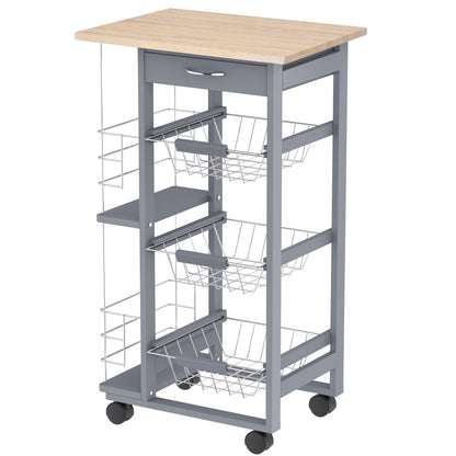 Kitchen Service Trolley Multi-Storage Kitchen Trolley 3 Metal Baskets Drawer + 2 Bottle Racks Gray Pine Wood