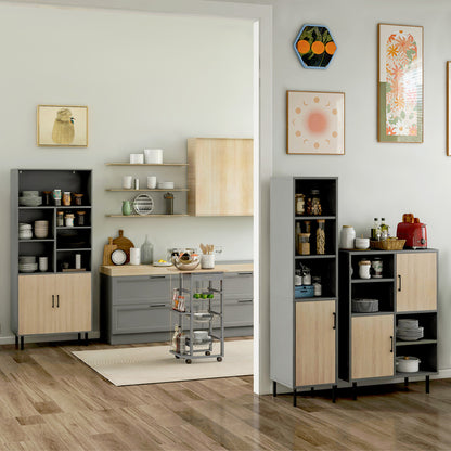 Kitchen Service Trolley Multi-Storage Kitchen Trolley 3 Metal Baskets Drawer + 2 Bottle Racks Gray Pine Wood