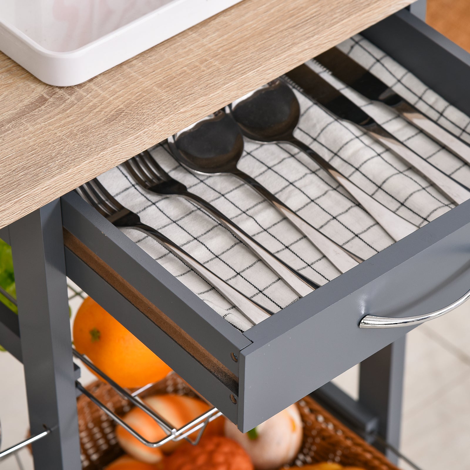 Kitchen Service Trolley Multi-Storage Kitchen Trolley 3 Metal Baskets Drawer + 2 Bottle Racks Gray Pine Wood