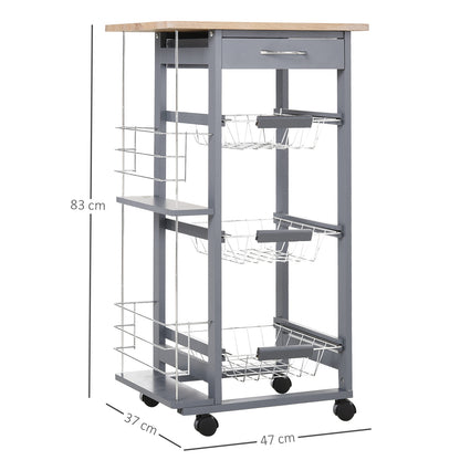 Kitchen Service Trolley Multi-Storage Kitchen Trolley 3 Metal Baskets Drawer + 2 Bottle Racks Gray Pine Wood