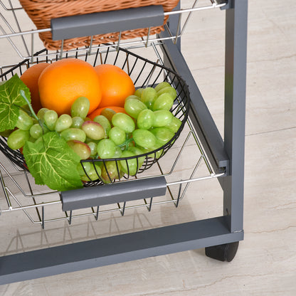 Kitchen Service Trolley Multi-Storage Kitchen Trolley 3 Metal Baskets Drawer + 2 Bottle Racks Gray Pine Wood