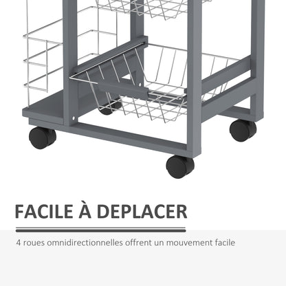 Kitchen Service Trolley Multi-Storage Kitchen Trolley 3 Metal Baskets Drawer + 2 Bottle Racks Gray Pine Wood