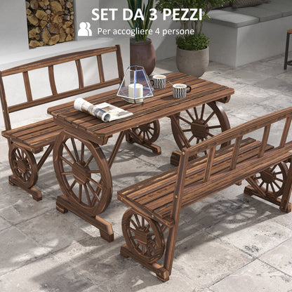 3-Piece Garden Set in Pine Wood with 1 Outdoor Table 115x55x71 cm and 2 Benches 115x51x80 cm, Charred color