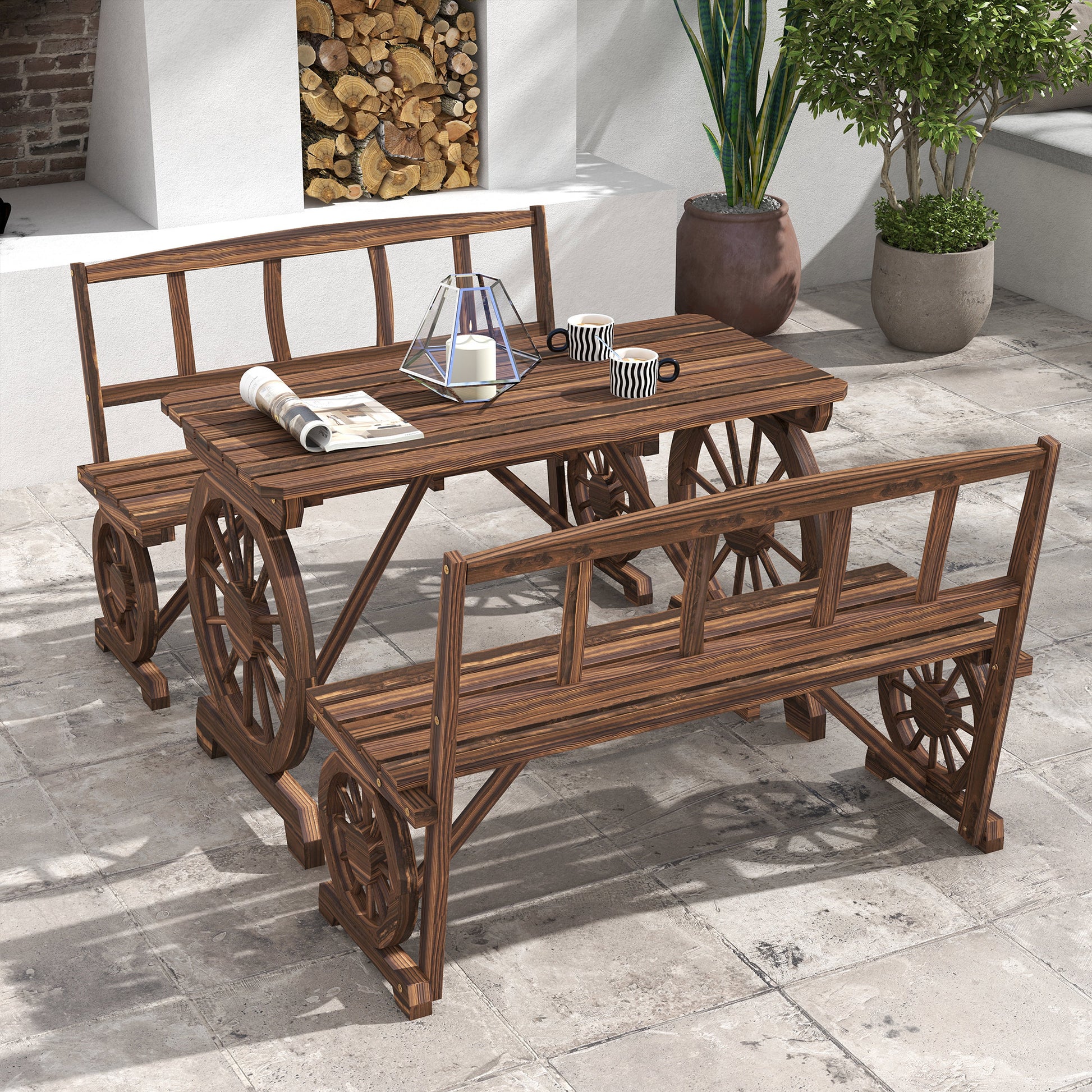 3-Piece Garden Set in Pine Wood with 1 Outdoor Table 115x55x71 cm and 2 Benches 115x51x80 cm, Charred color