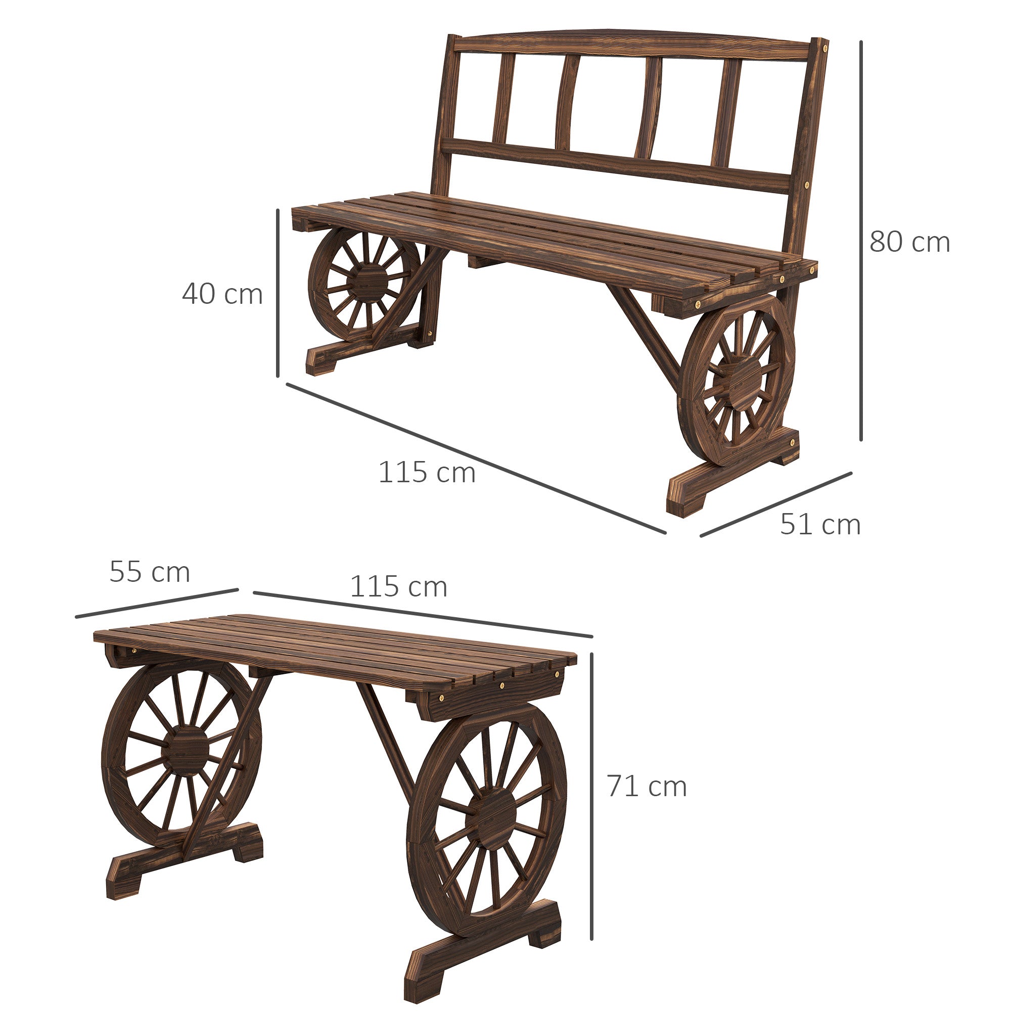 3-Piece Garden Set in Pine Wood with 1 Outdoor Table 115x55x71 cm and 2 Benches 115x51x80 cm, Charred color