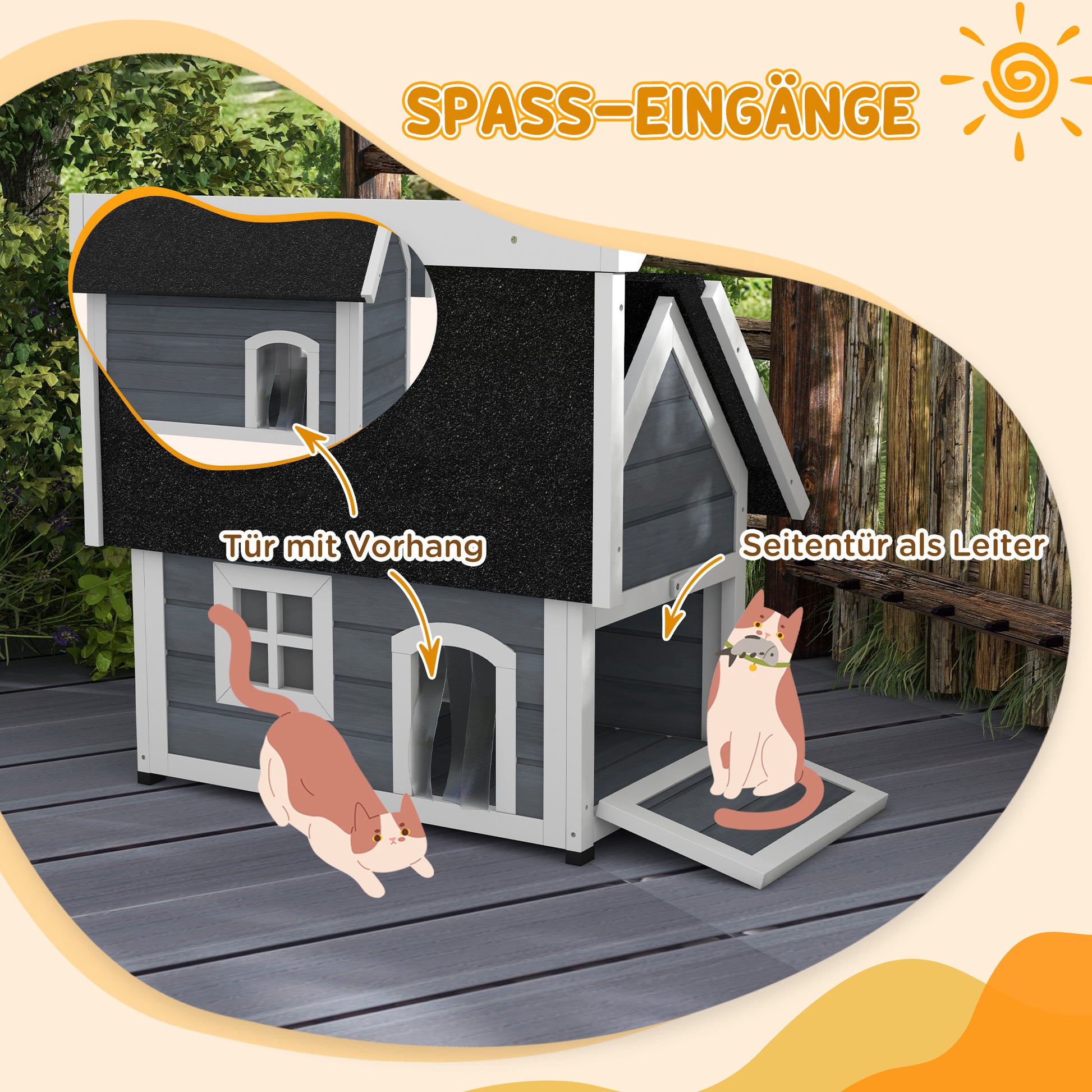 Outdoor Cat House Cat Cave made of wood, with foldable asphalt roof, Weatherproof Cat Cottage with window, 3 doors, 77 x 57.5 x 68 cm, Gray