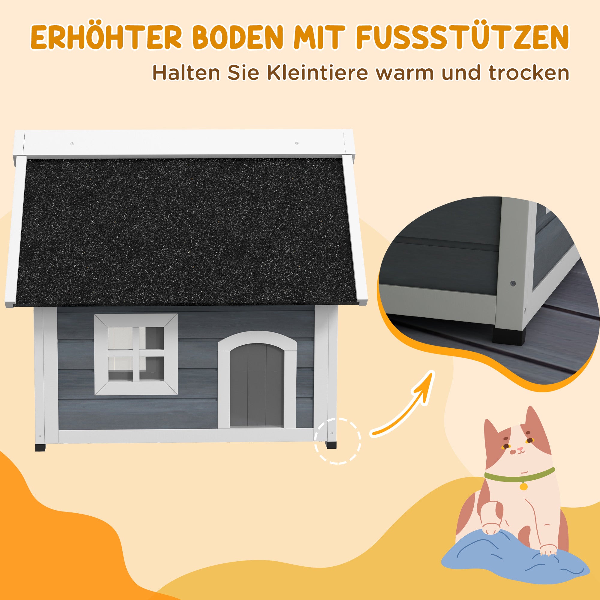 Outdoor Cat House Cat Cave made of wood, with foldable asphalt roof, Weatherproof Cat Cottage with window, 3 doors, 77 x 57.5 x 68 cm, Gray