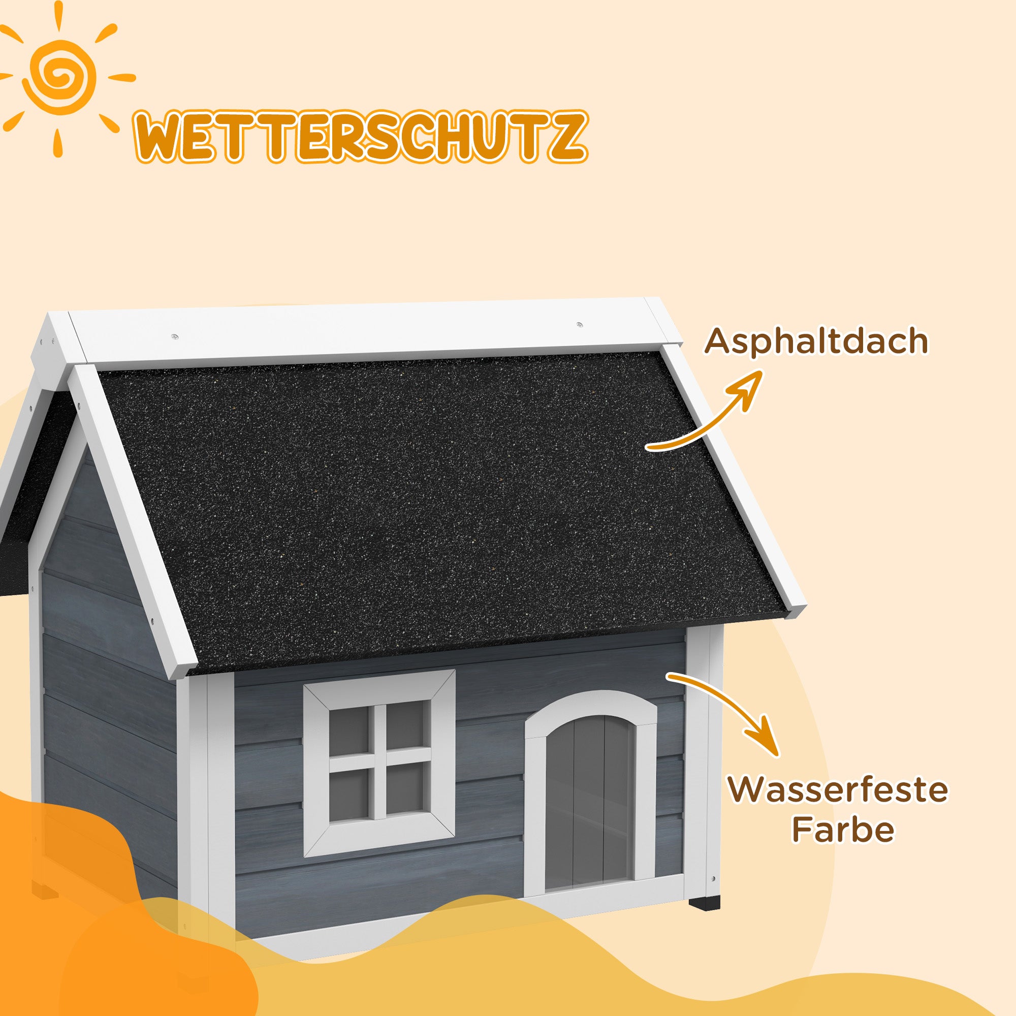 Outdoor Cat House Cat Cave made of wood, with foldable asphalt roof, Weatherproof Cat Cottage with window, 3 doors, 77 x 57.5 x 68 cm, Gray