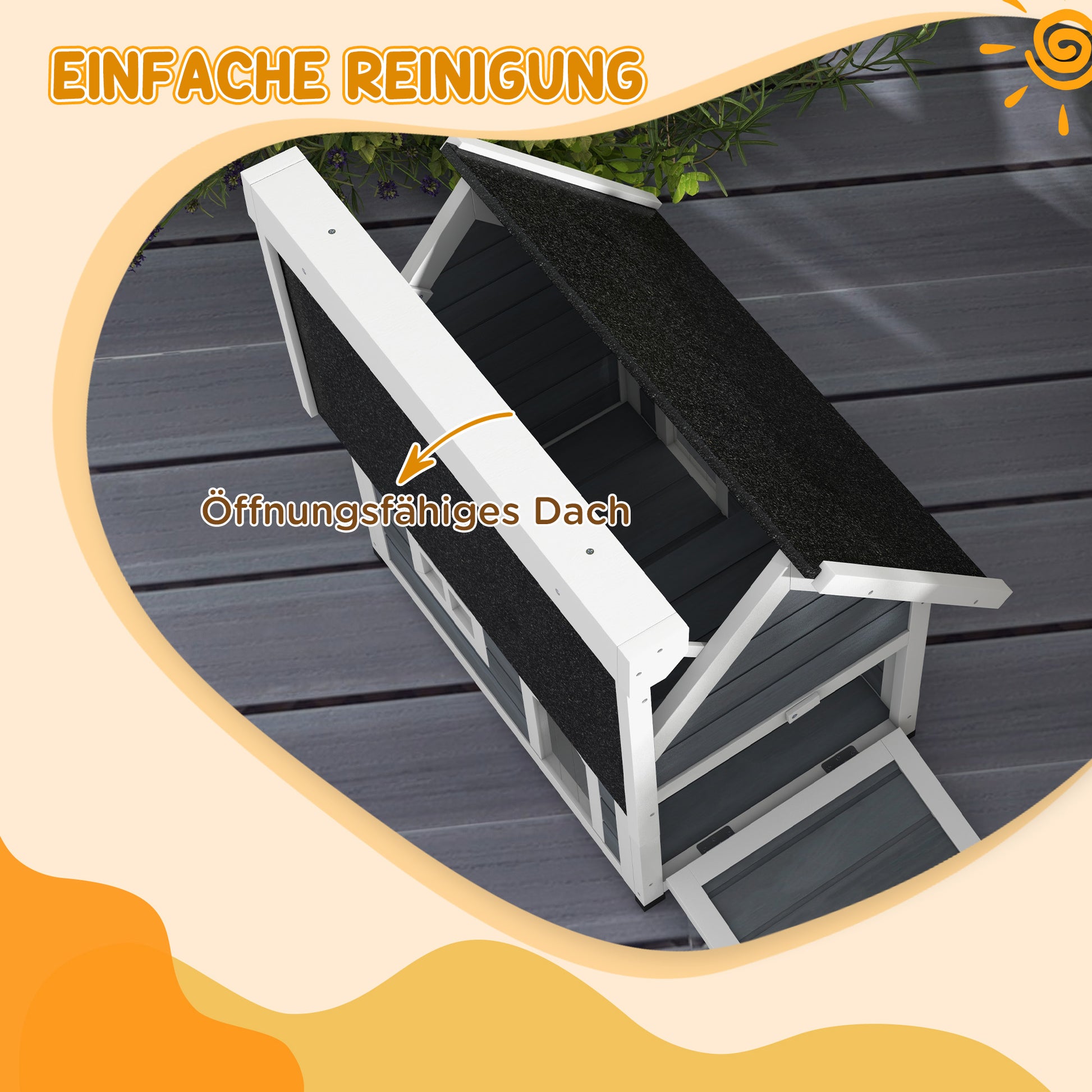 Outdoor Cat House Cat Cave made of wood, with foldable asphalt roof, Weatherproof Cat Cottage with window, 3 doors, 77 x 57.5 x 68 cm, Gray