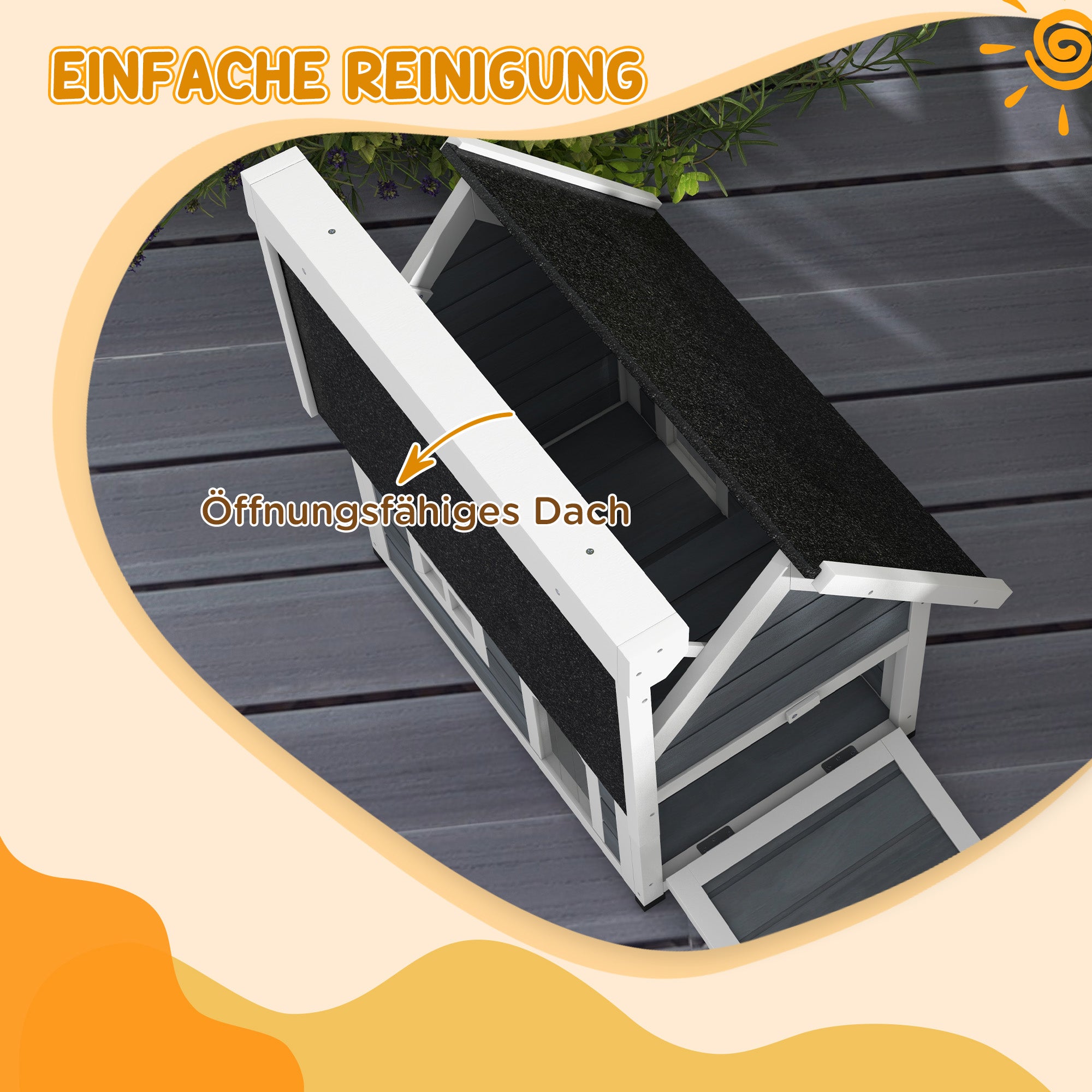 Outdoor Cat House Cat Cave made of wood, with foldable asphalt roof, Weatherproof Cat Cottage with window, 3 doors, 77 x 57.5 x 68 cm, Gray